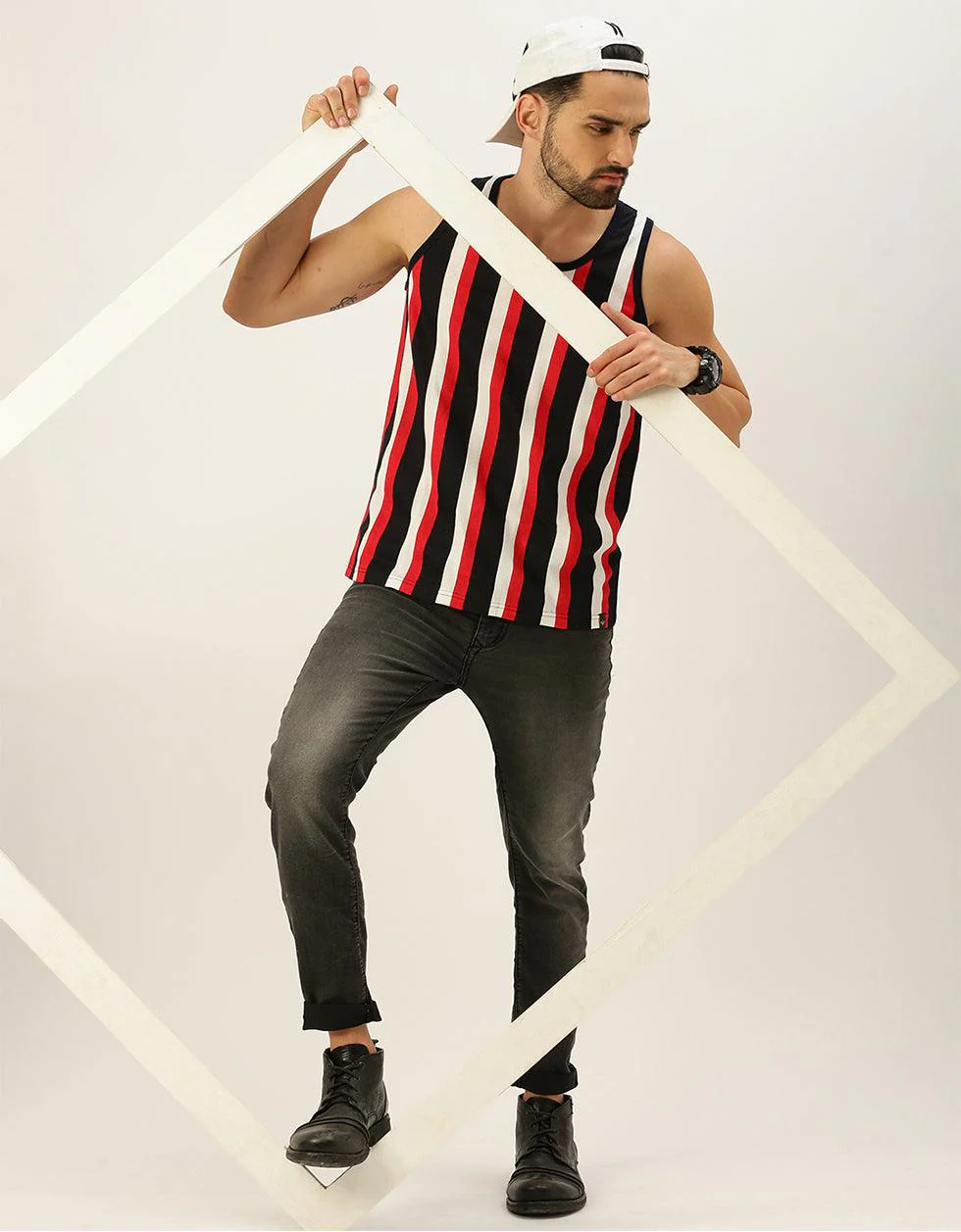 Nautical Stripes Round Neck Printed Gym Men's Vest - Image 4