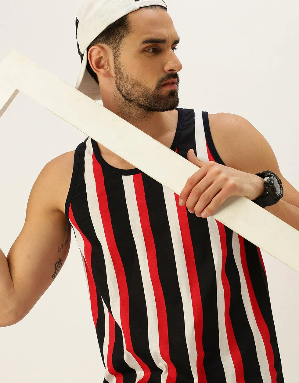 Nautical Stripes Round Neck Printed Gym Men's Vest - Image 6