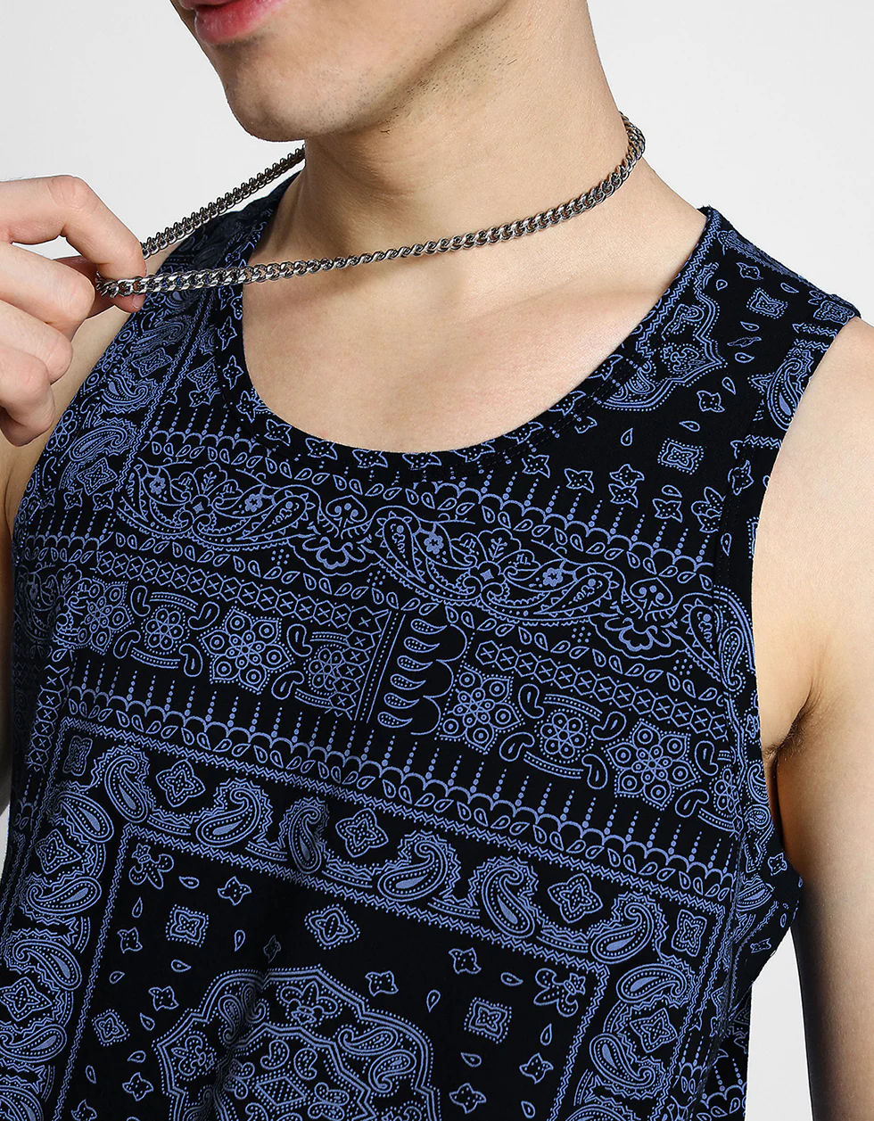 Navy Bandhana Printed Gym Vest - Image 3