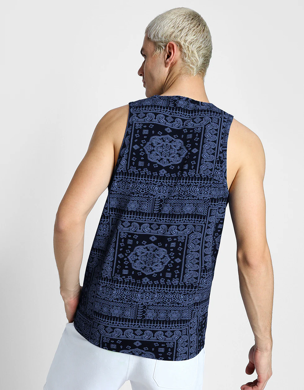 Navy Bandhana Printed Gym Vest - Image 4
