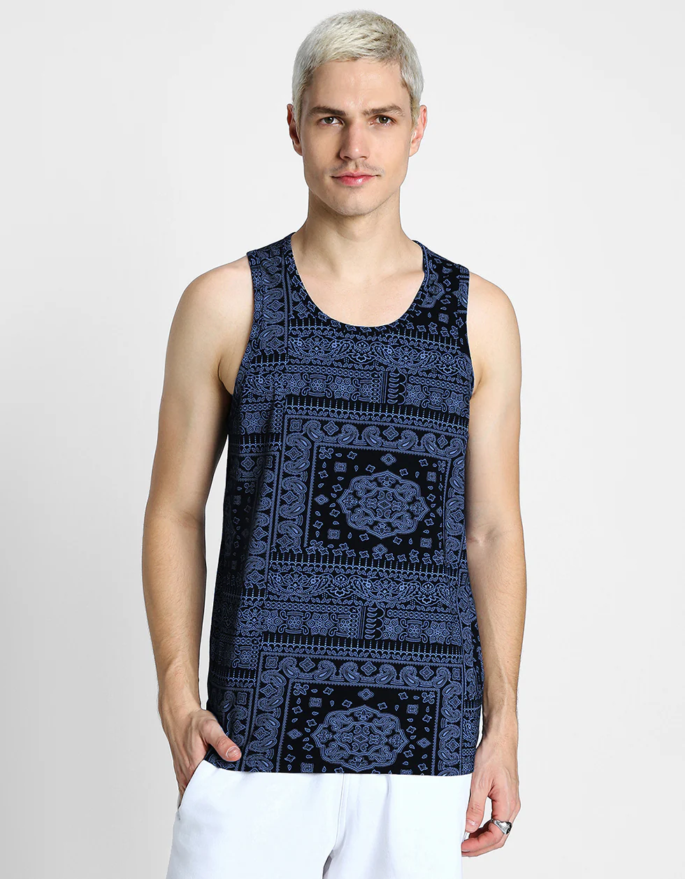 Navy Bandhana Printed Gym Vest - Image 5