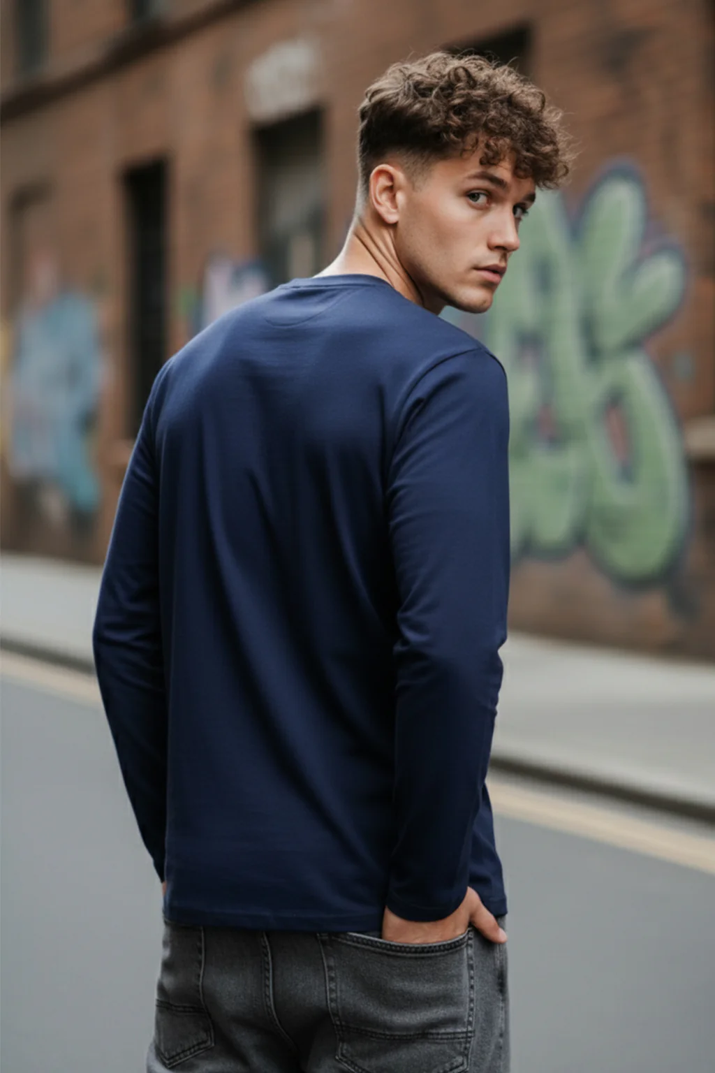 Navy Blue Plain Full Sleeves Regular Fit T-shirt - Image 3