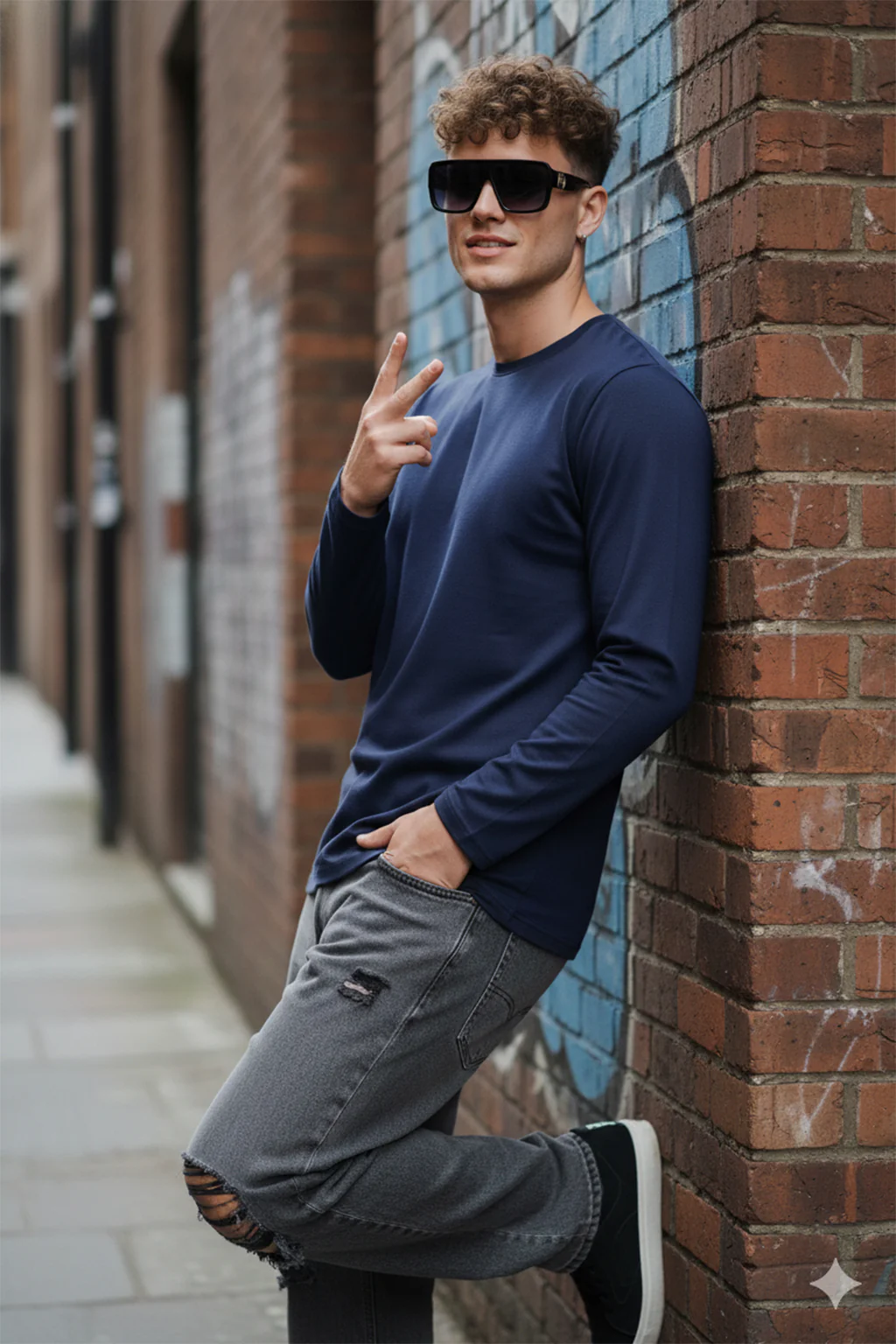 Navy Blue Plain Full Sleeves Regular Fit T-shirt - Image 4