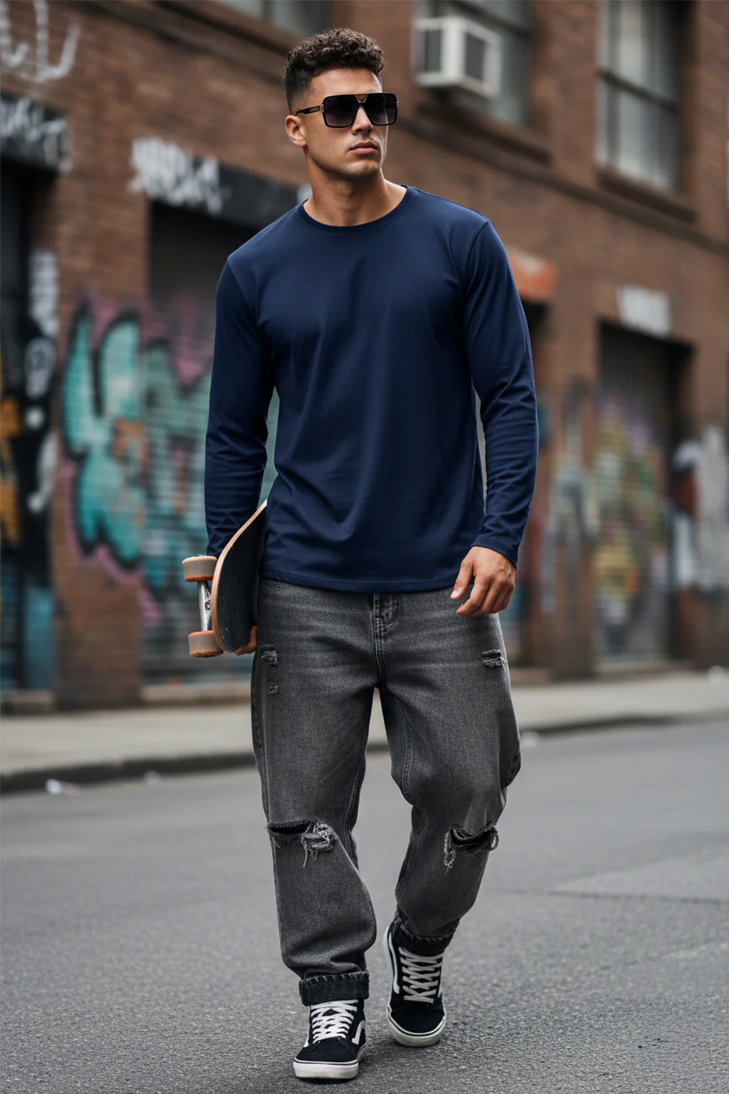 Navy Blue Plain Full Sleeves Regular Fit T-shirt - Image 5