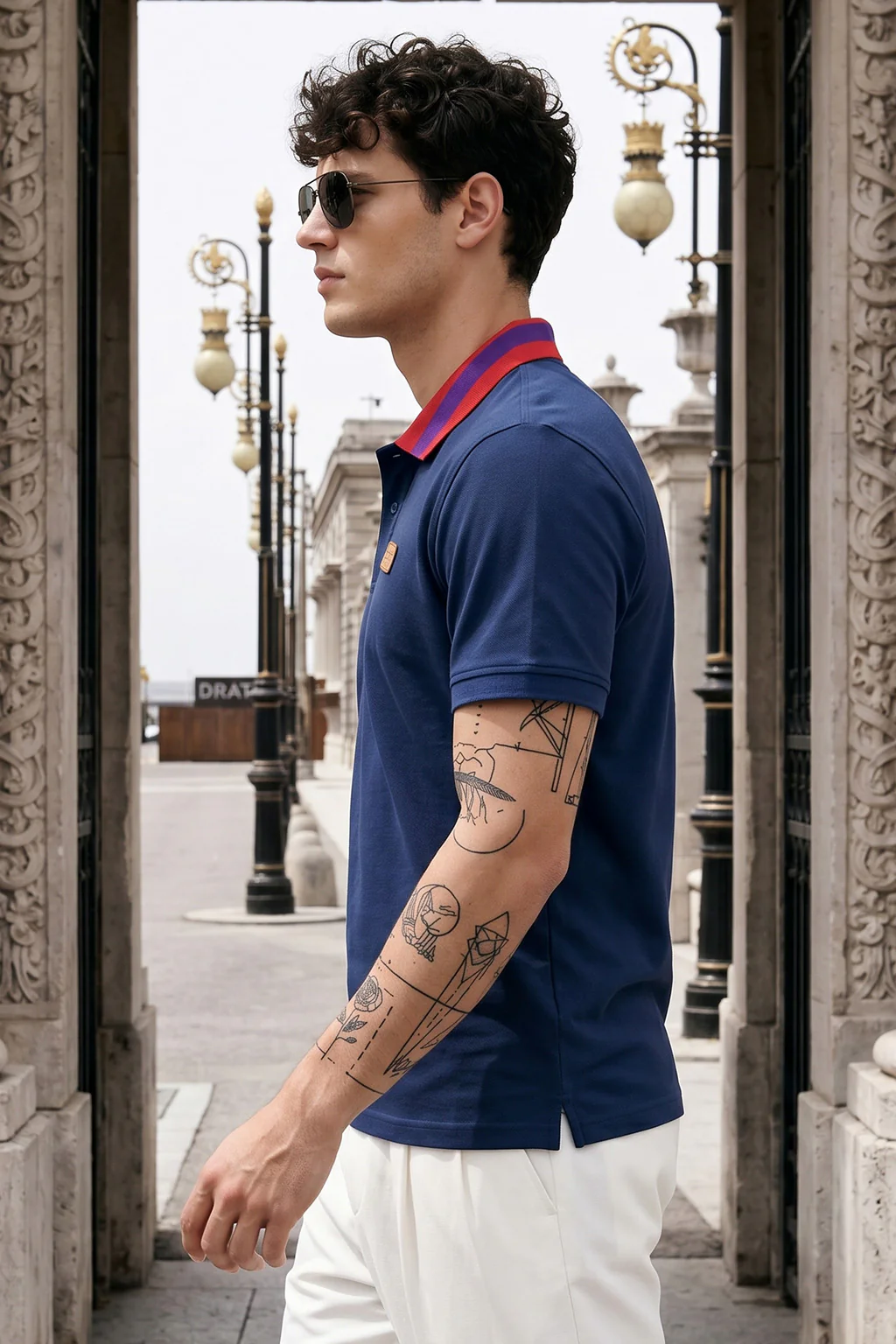 Navy Contrast Collar Regular Fit Exclusive Pique Lycra Polo T-Shirt - Image 3