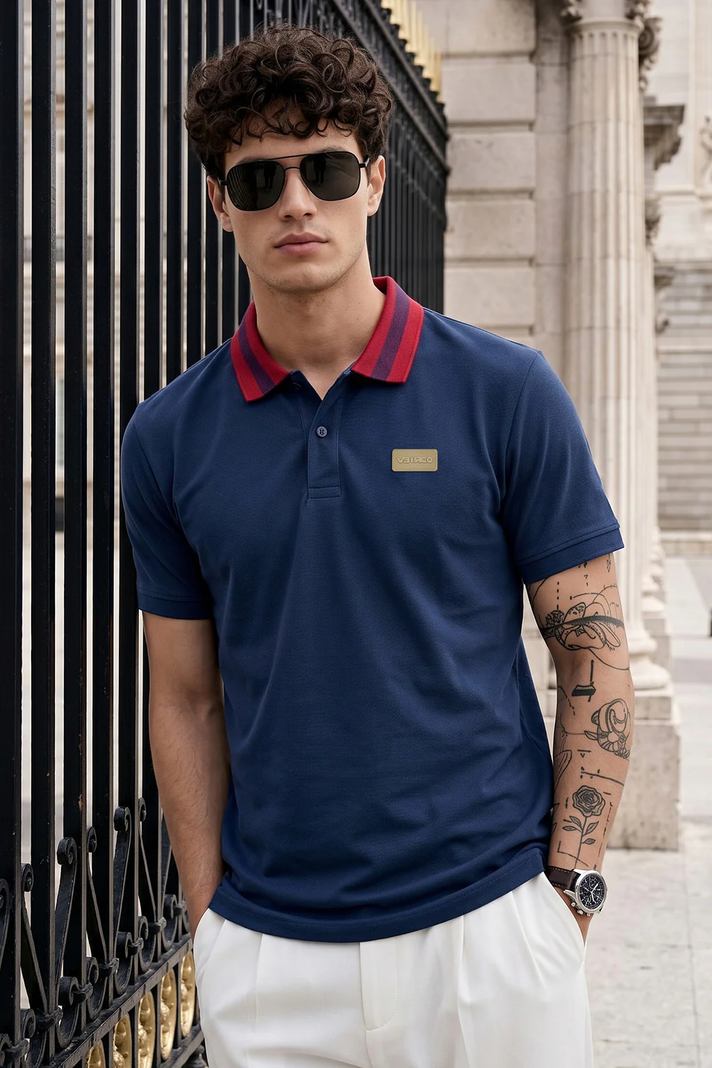 Navy Contrast Collar Regular Fit Exclusive Pique Lycra Polo T-Shirt - Image 5
