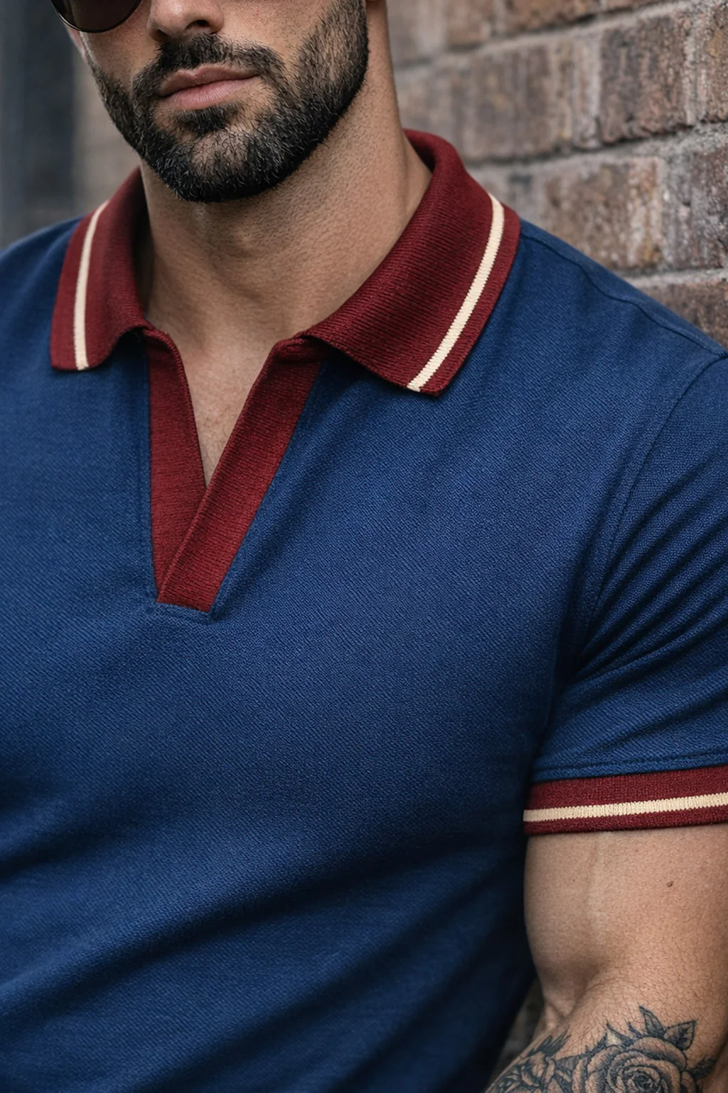 Navy Contrast Stripped Collar Economic Regular Fit Pique Polo - Image 2