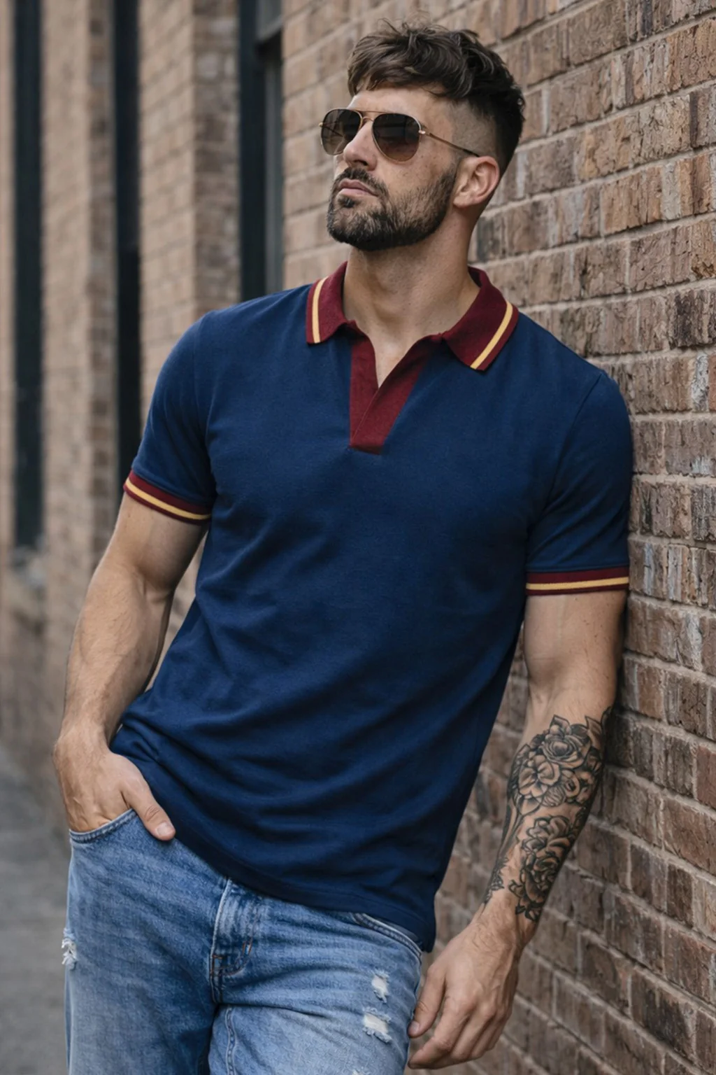 Navy Contrast Stripped Collar Economic Regular Fit Pique Polo - Image 3