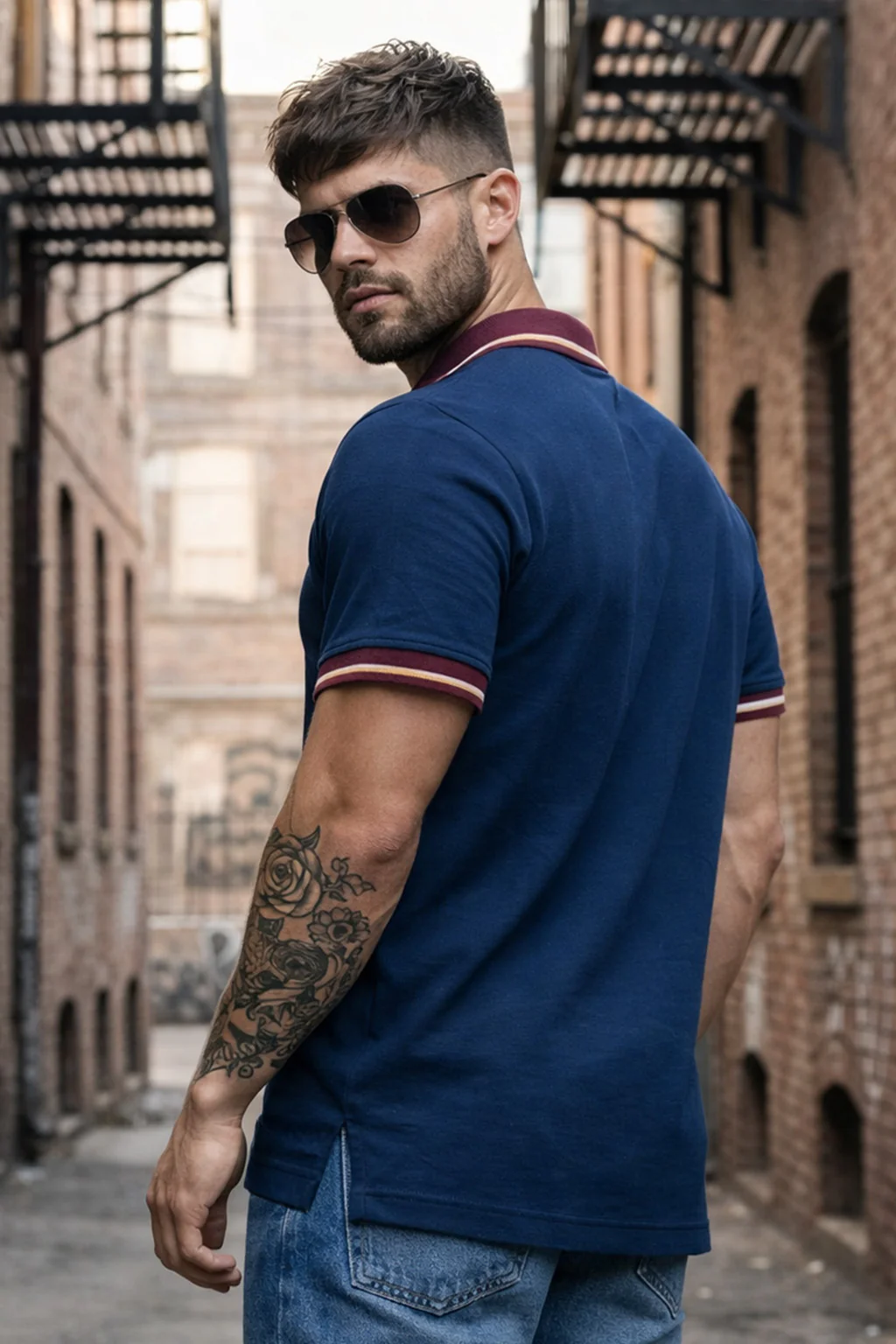 Navy Contrast Stripped Collar Economic Regular Fit Pique Polo - Image 4