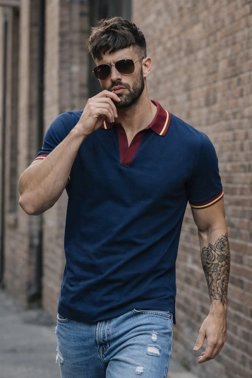 Navy Contrast Stripped Collar Economic Regular Fit Pique Polo - Image 5
