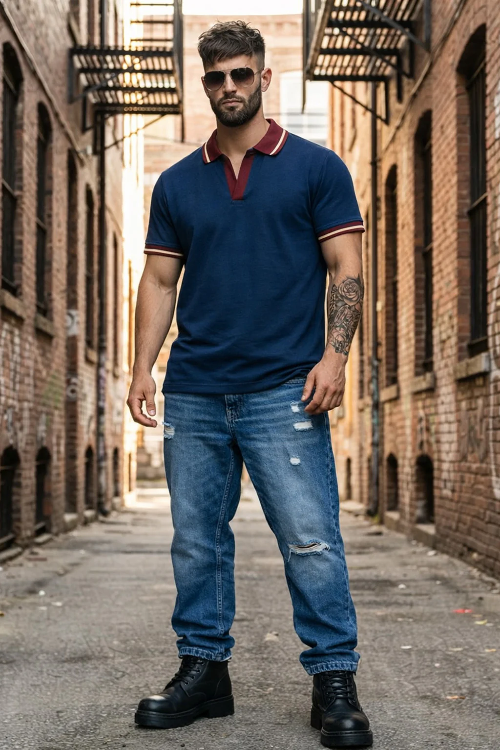 Navy Contrast Stripped Collar Economic Regular Fit Pique Polo - Image 6