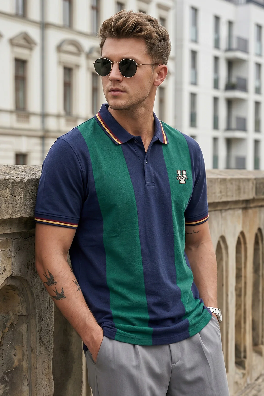 Navy Green Colorblock Regular Fit Exclusive Pique Lycra Polo T-Shirt - Image 3