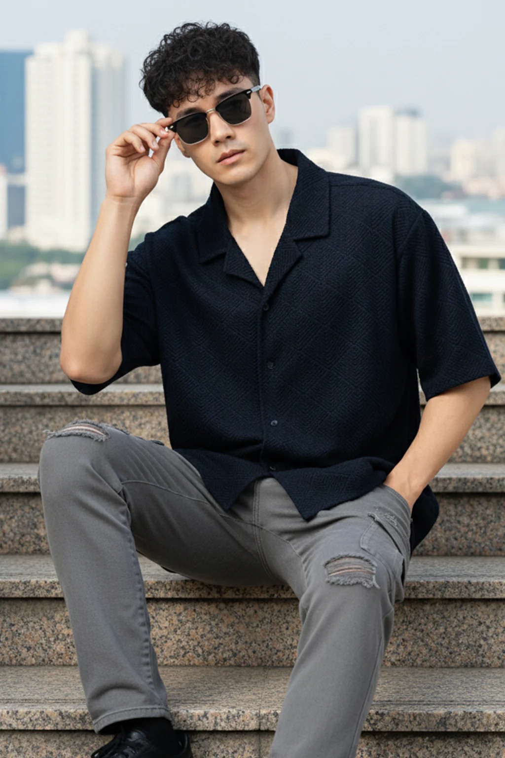 Navy Jacquard Plain Oversized Exclusive Shirt - Image 2