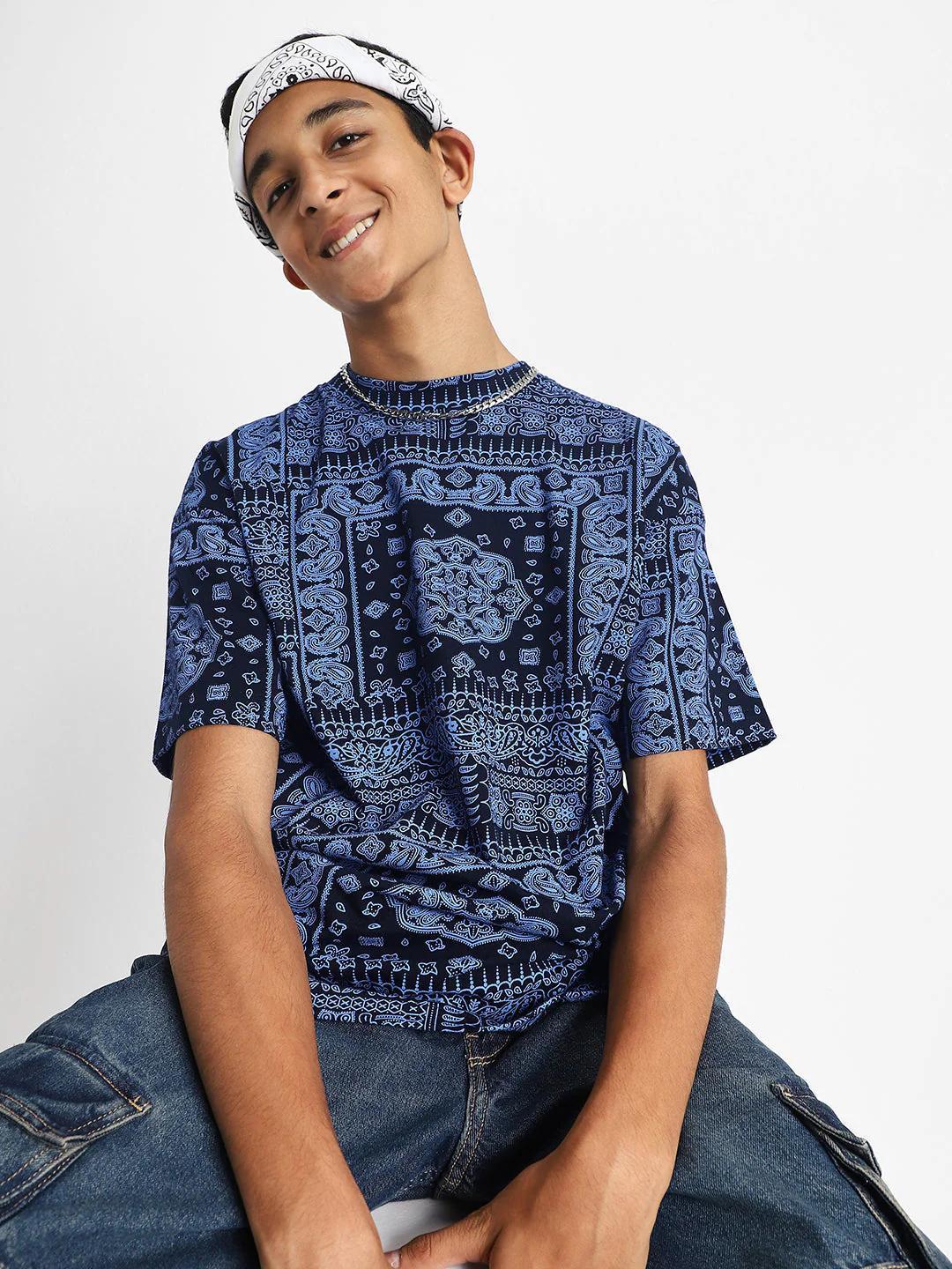 Navy Oversized Paisley Printed Boys T-shirt - Image 7