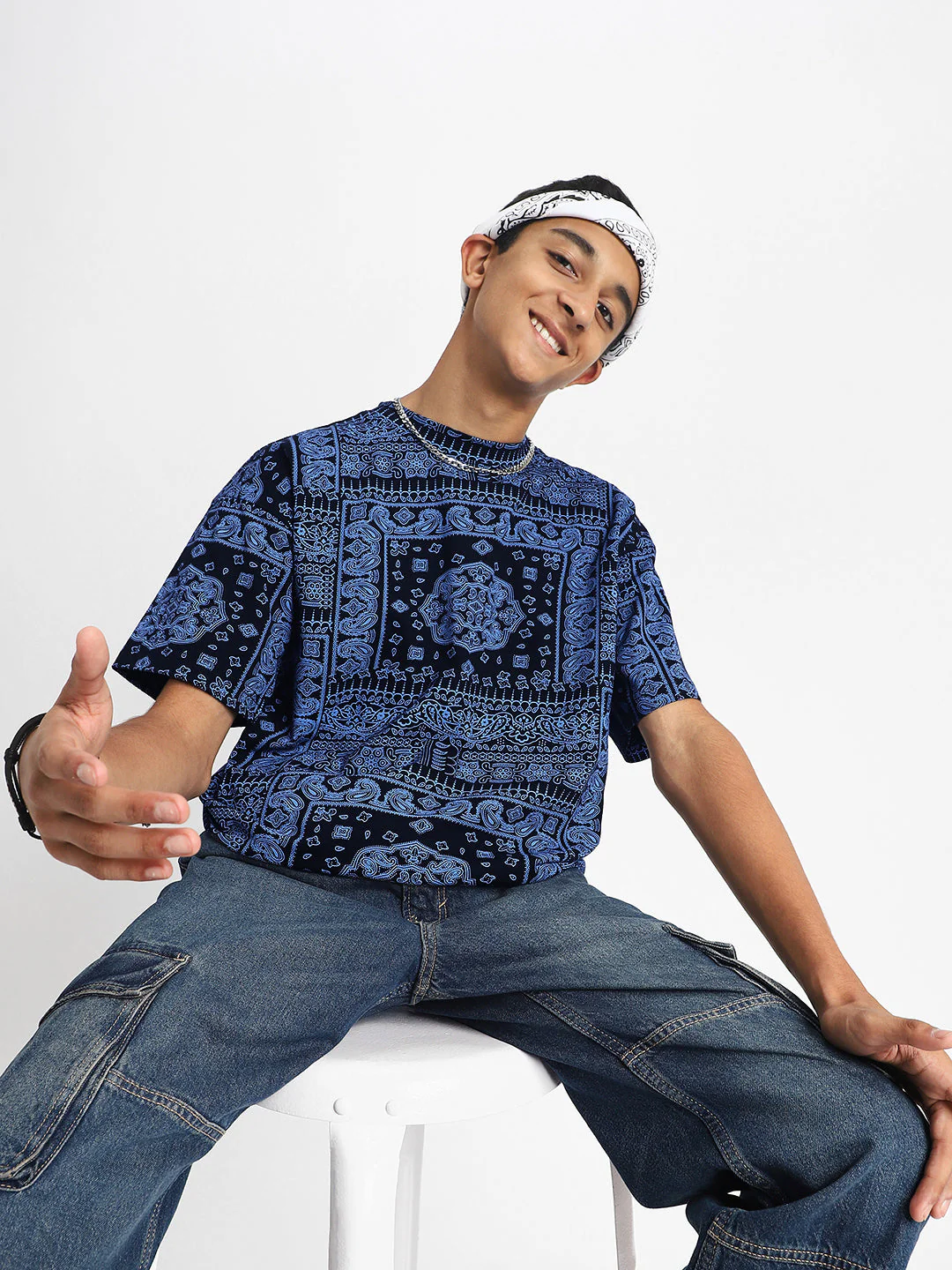 Navy Oversized Paisley Printed Boys T-shirt - Image 8