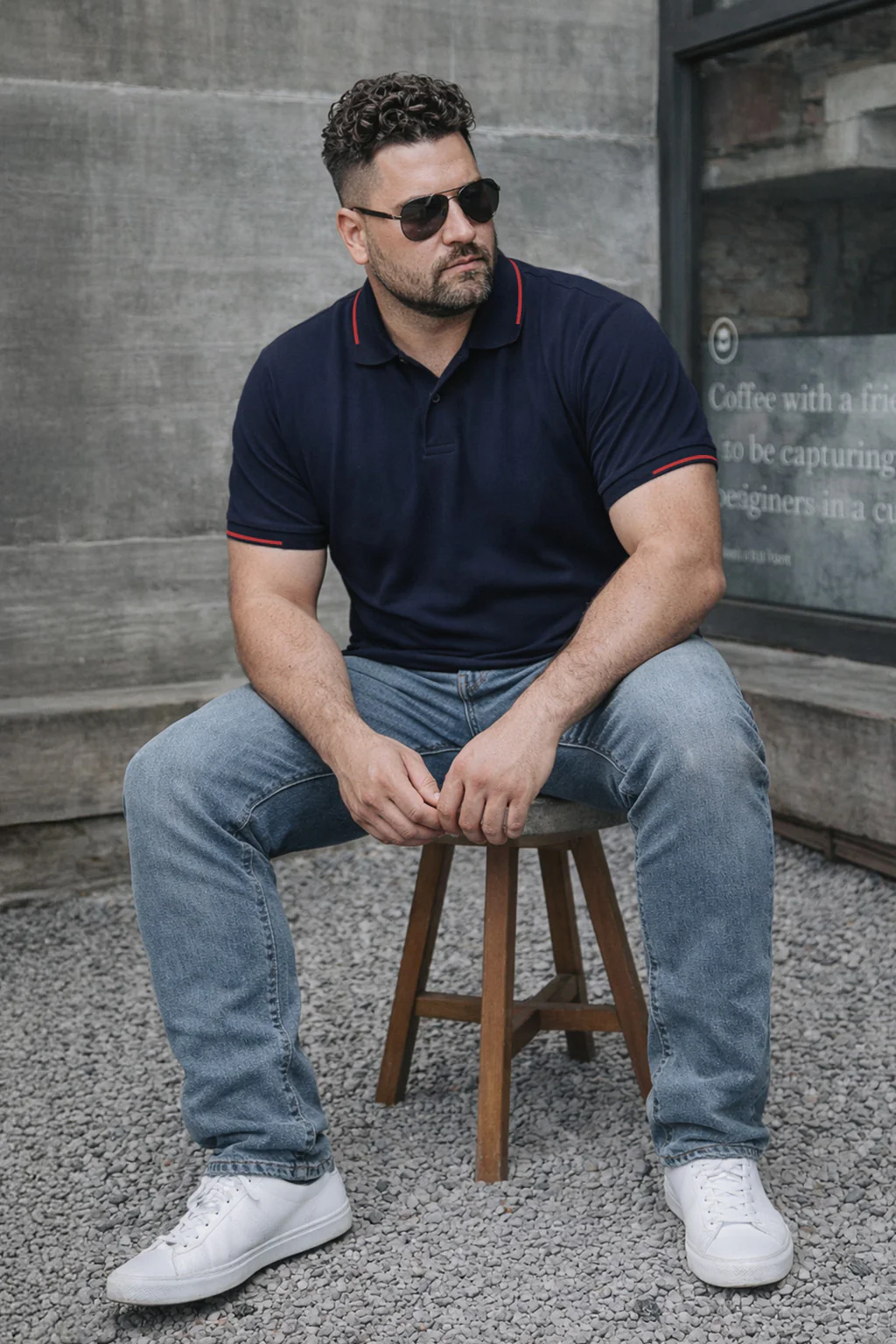 Navy Pique Stripe Collar Plus Size Tipping Polo T-shirt - Image 4