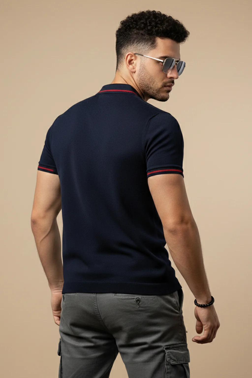 Navy Pique Stripe Collar Regular Fit Tipping Polo T-shirt - Image 2