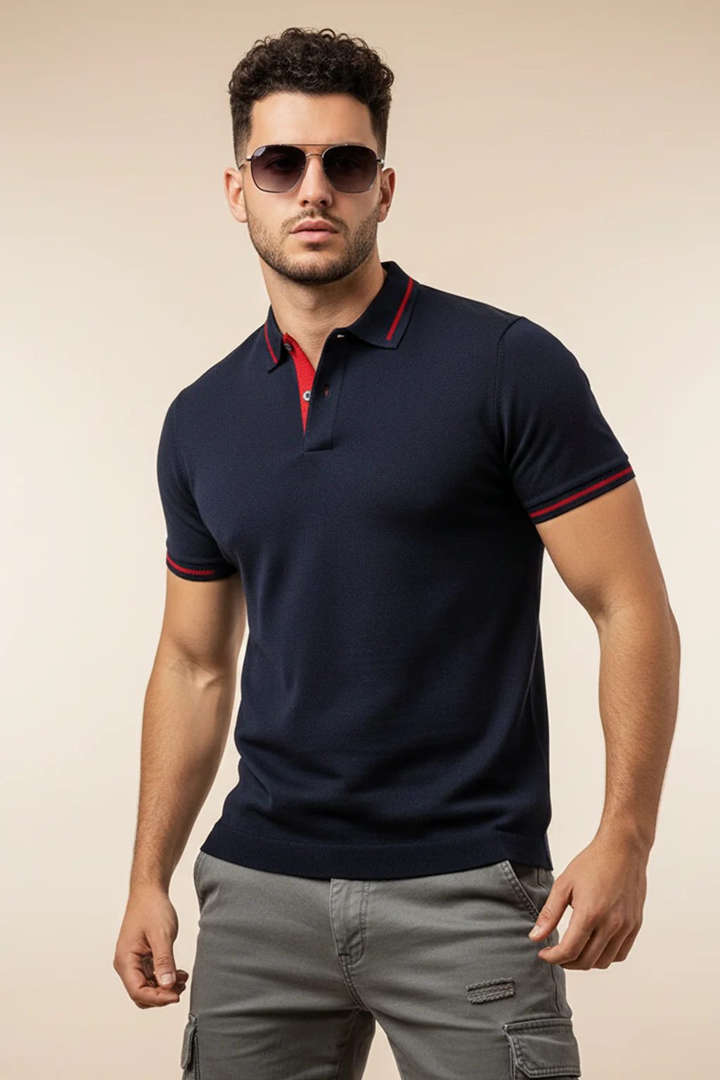 Navy Pique Stripe Collar Regular Fit Tipping Polo T-shirt - Image 3