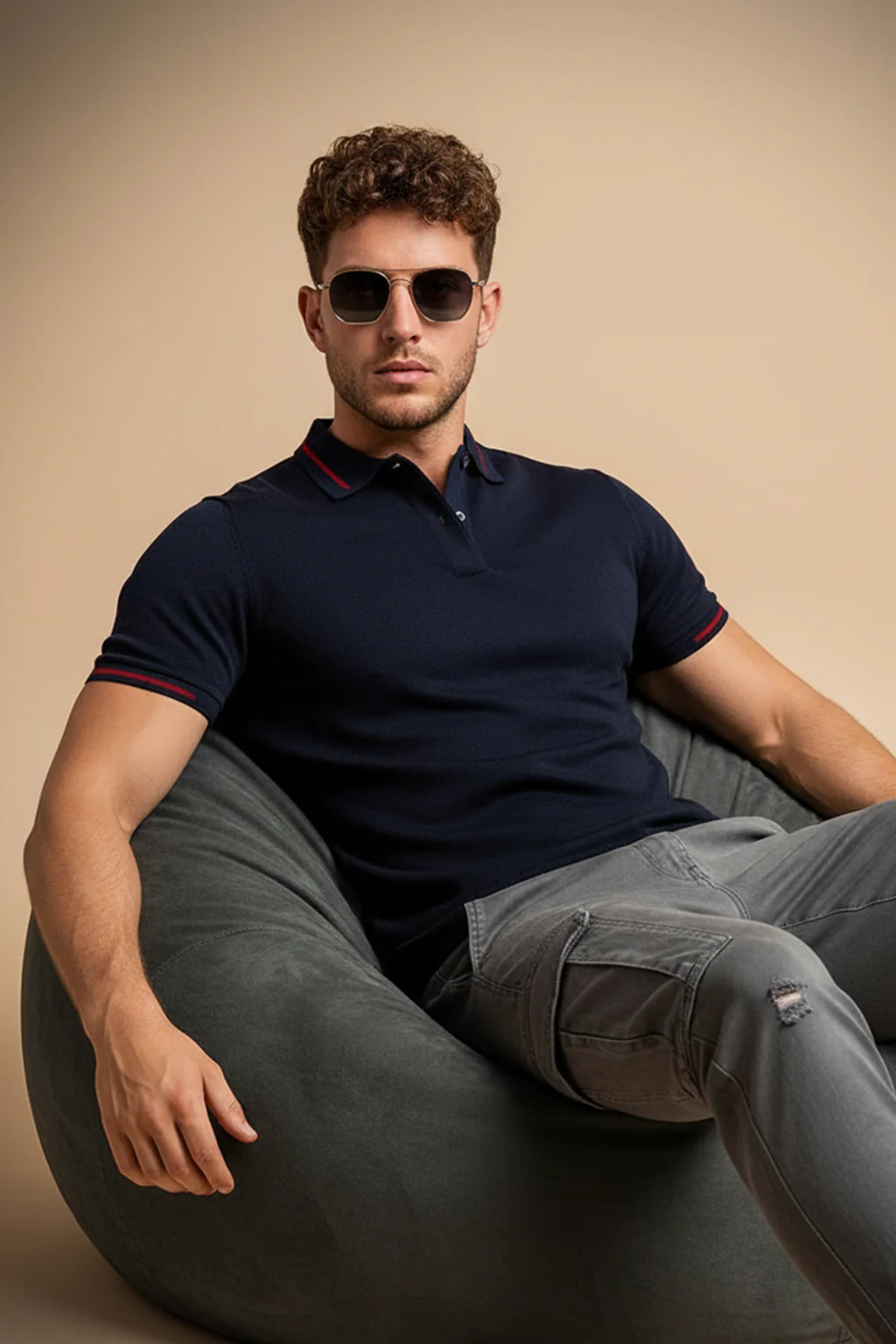 Navy Pique Stripe Collar Regular Fit Tipping Polo T-shirt - Image 4