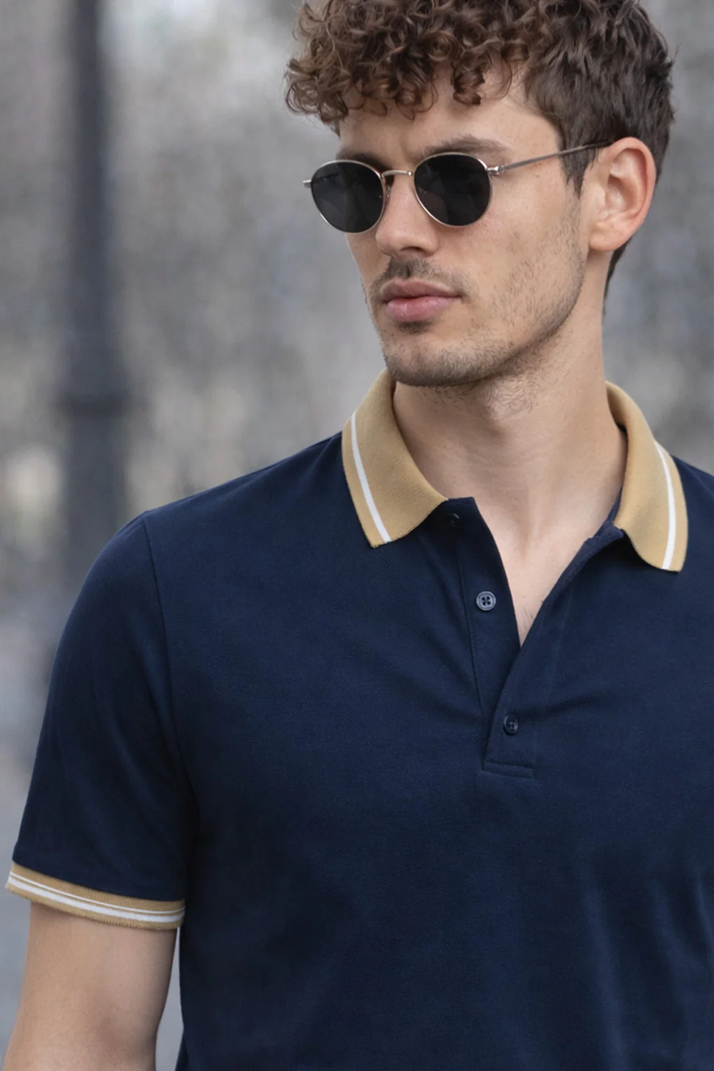 Navy Pique White Stripe Collar Regular Fit Tipping Polo T-shirt - Image 2