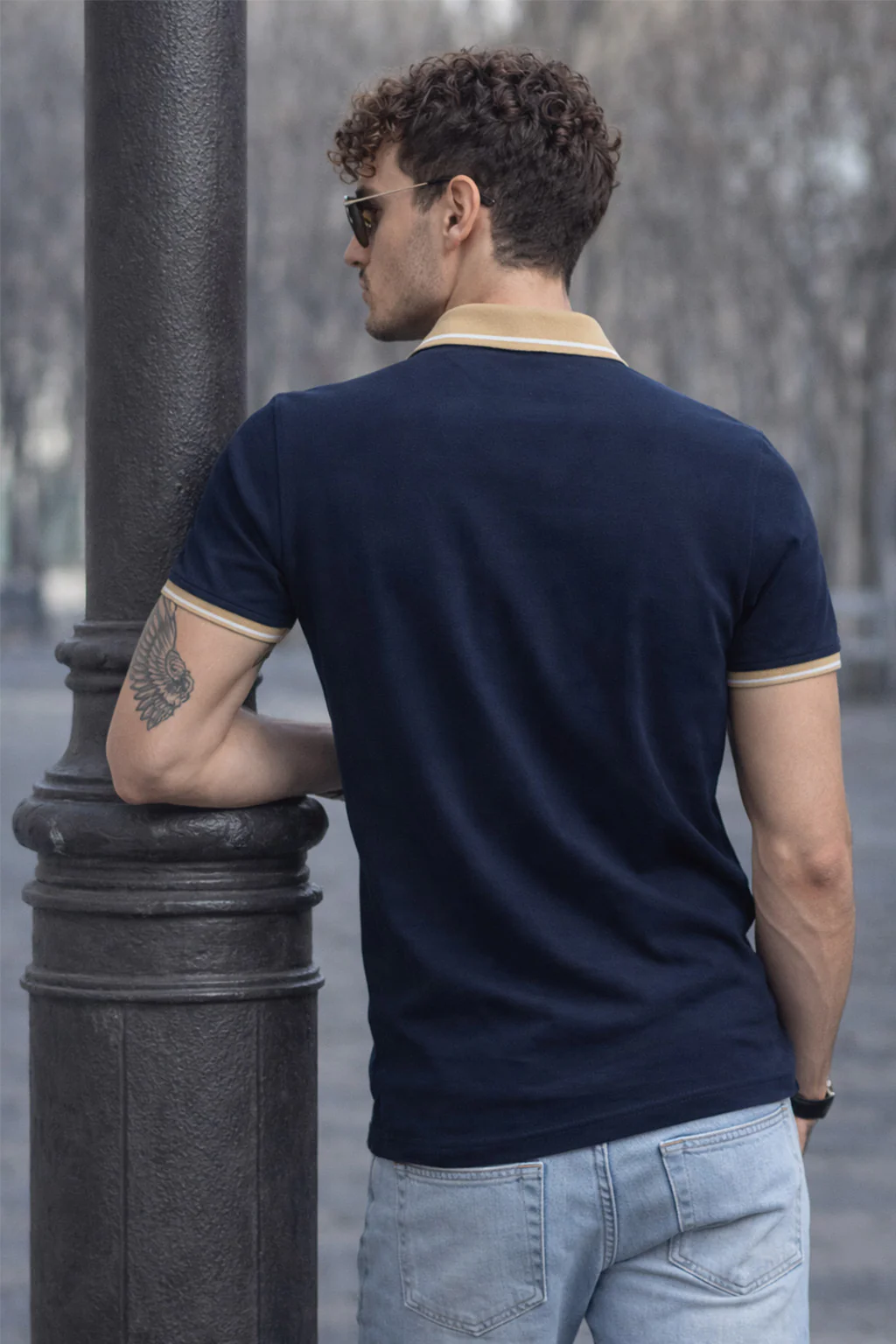 Navy Pique White Stripe Collar Regular Fit Tipping Polo T-shirt - Image 3