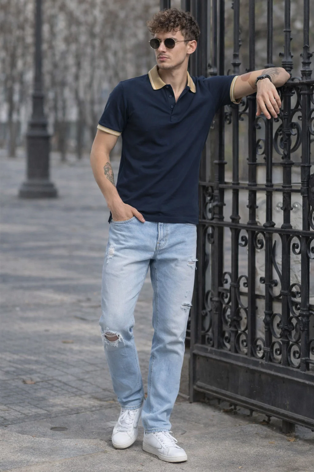 Navy Pique White Stripe Collar Regular Fit Tipping Polo T-shirt - Image 4