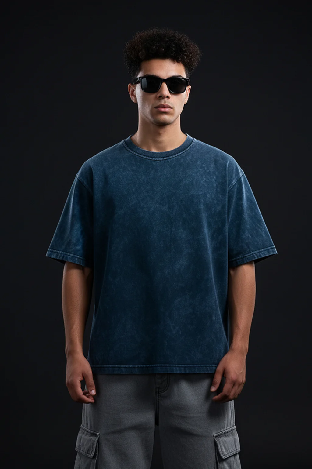 Navy Plain Oversized Acid Washed Exclusive T-shirt - Image 3