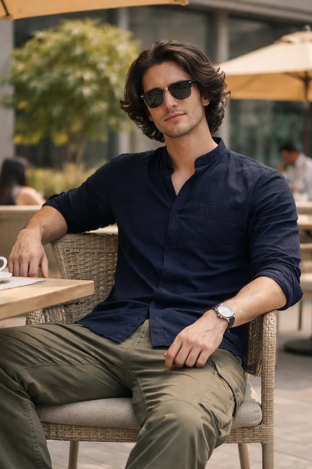 Navy Plain Regular Fit Chinese Collar Full Sleeve Exclusive Shirt - Image 2