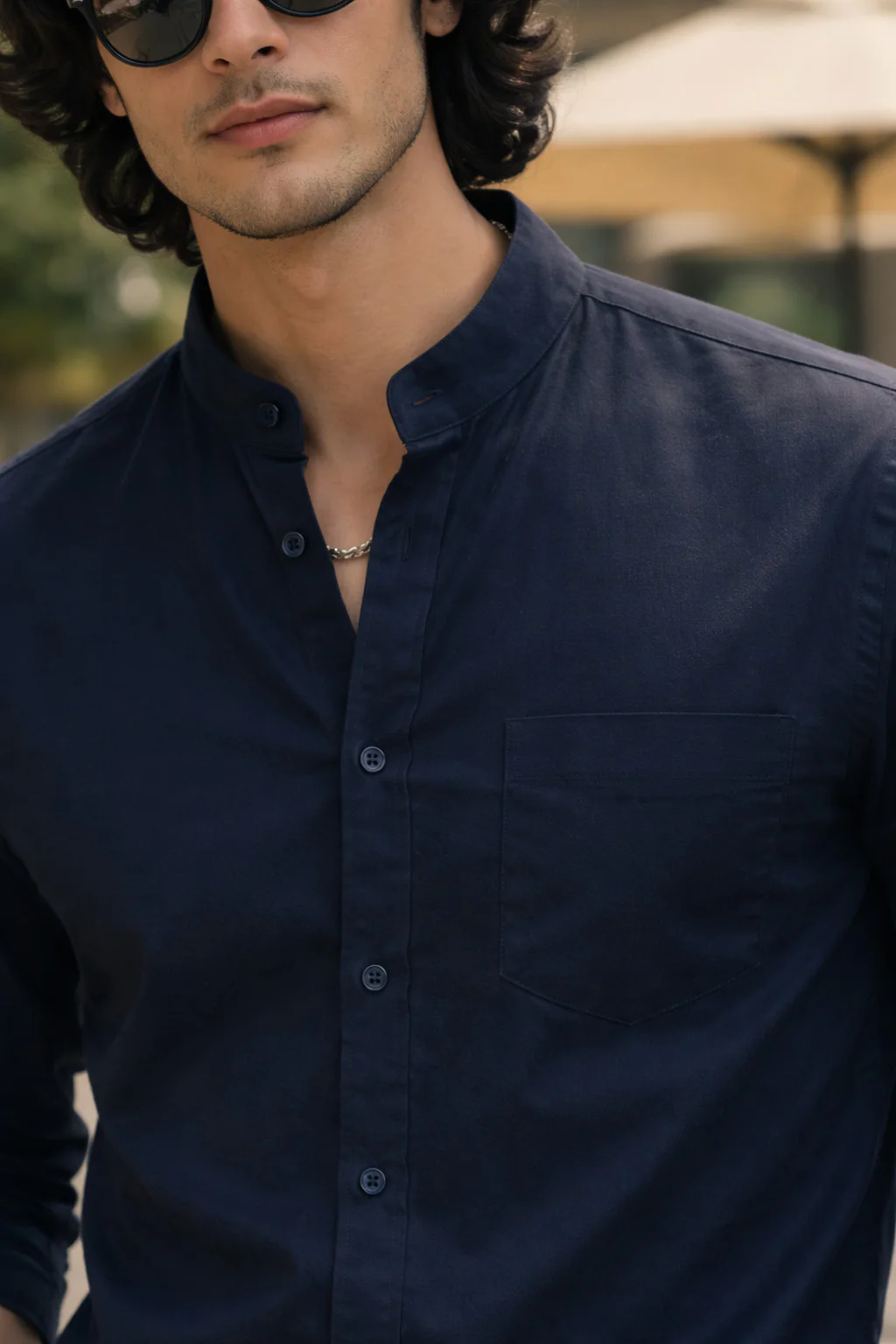 Navy Plain Regular Fit Chinese Collar Full Sleeve Exclusive Shirt - Image 3