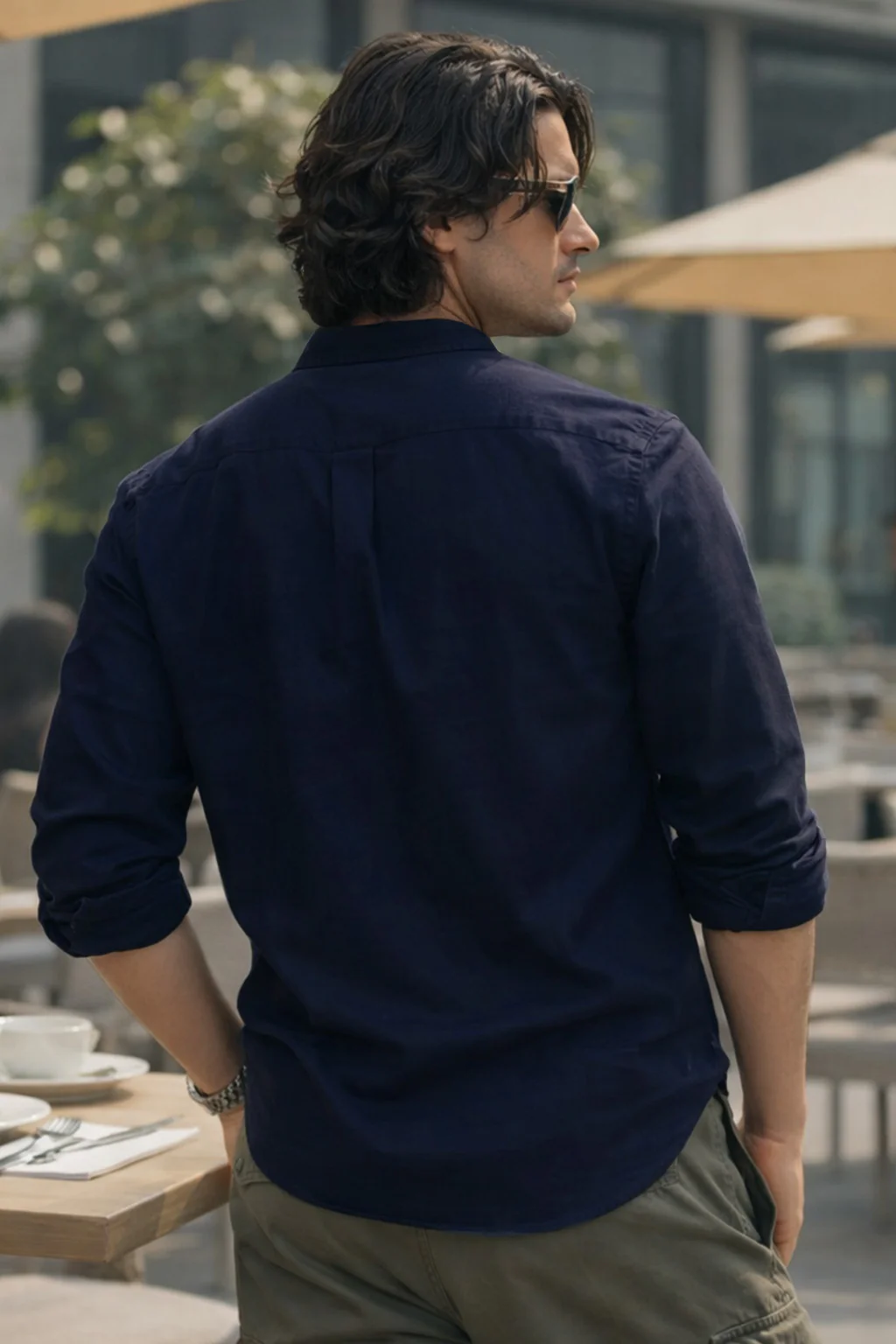 Navy Plain Regular Fit Chinese Collar Full Sleeve Exclusive Shirt - Image 4