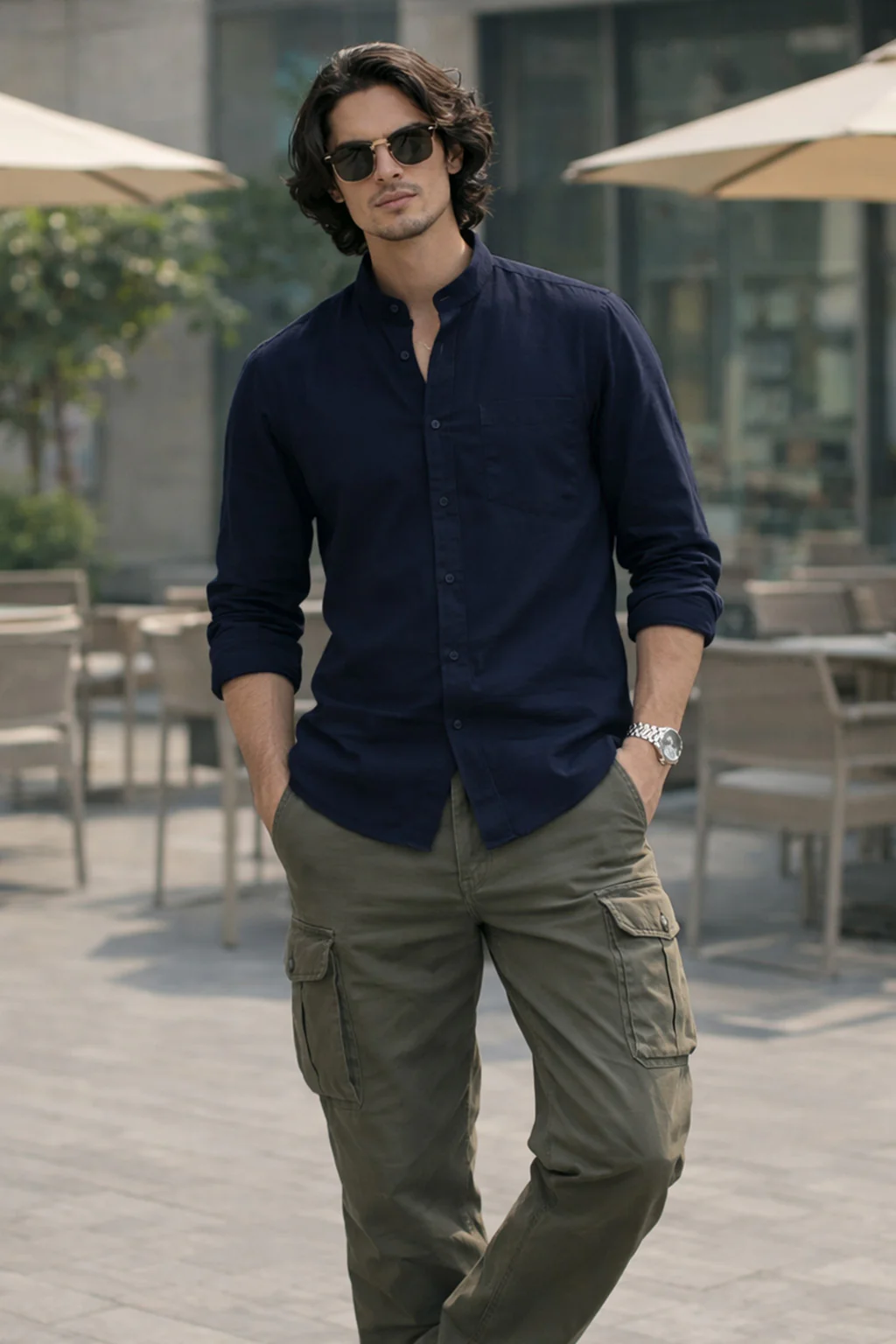 Navy Plain Regular Fit Chinese Collar Full Sleeve Exclusive Shirt - Image 5