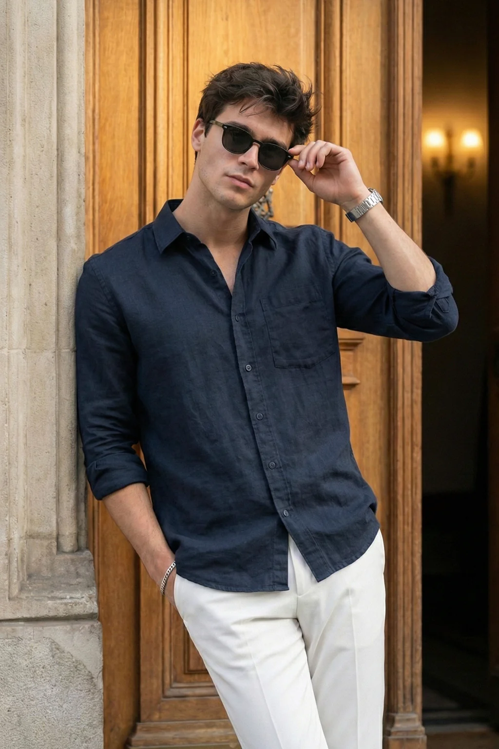 Navy Plain Regular Fit Single Pocket Full Sleeve Exclusive Shirt - Image 2