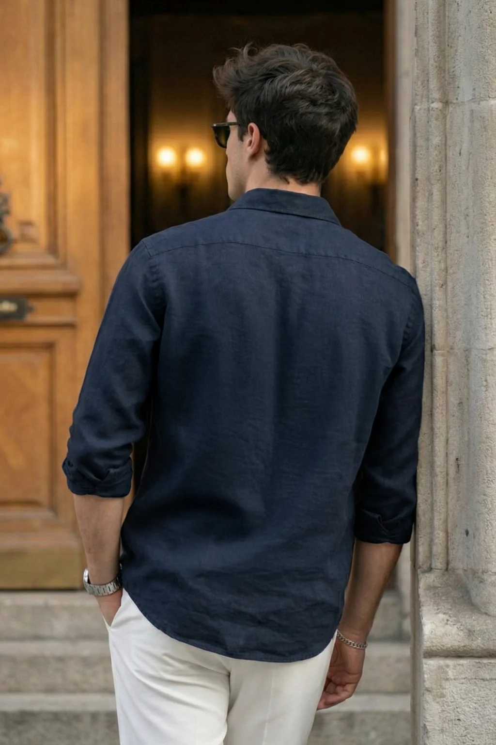 Navy Plain Regular Fit Single Pocket Full Sleeve Exclusive Shirt - Image 3