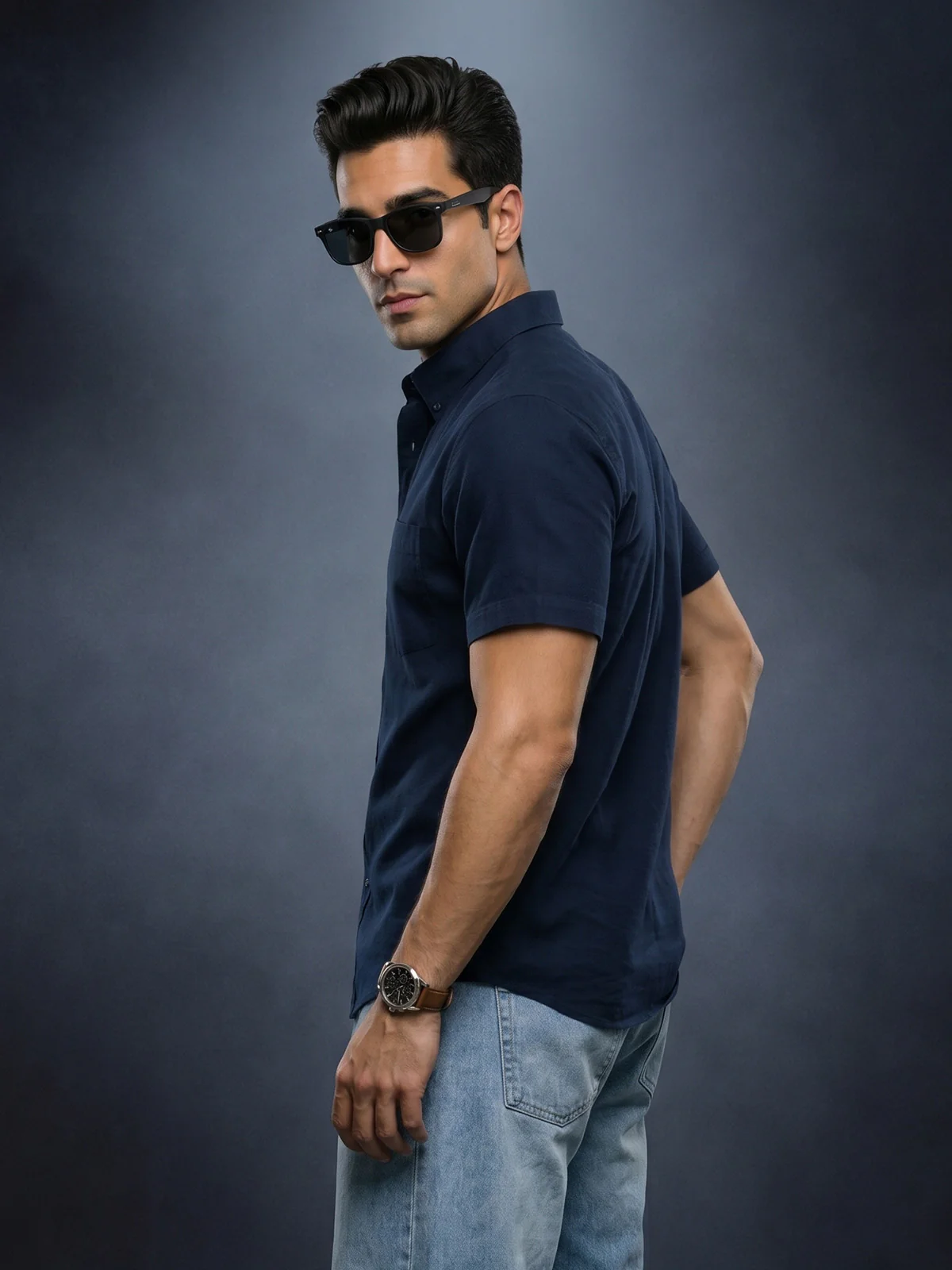 Navy Plain Regular Fit Half Sleeve Single Pocket Exclusive Shirt - Image 3