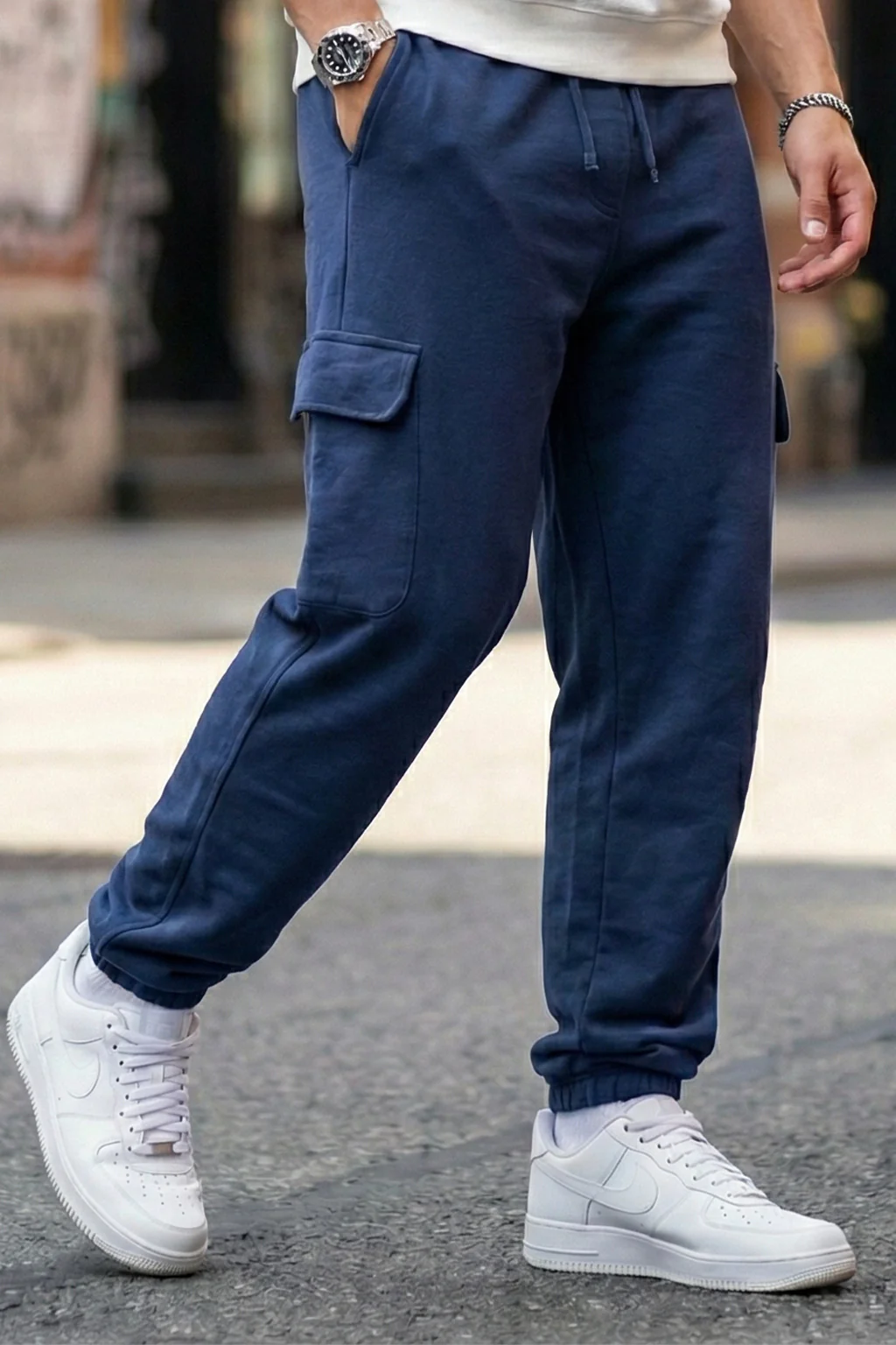 Navy Solid Baggy Fit Cargo Joggers - Image 3