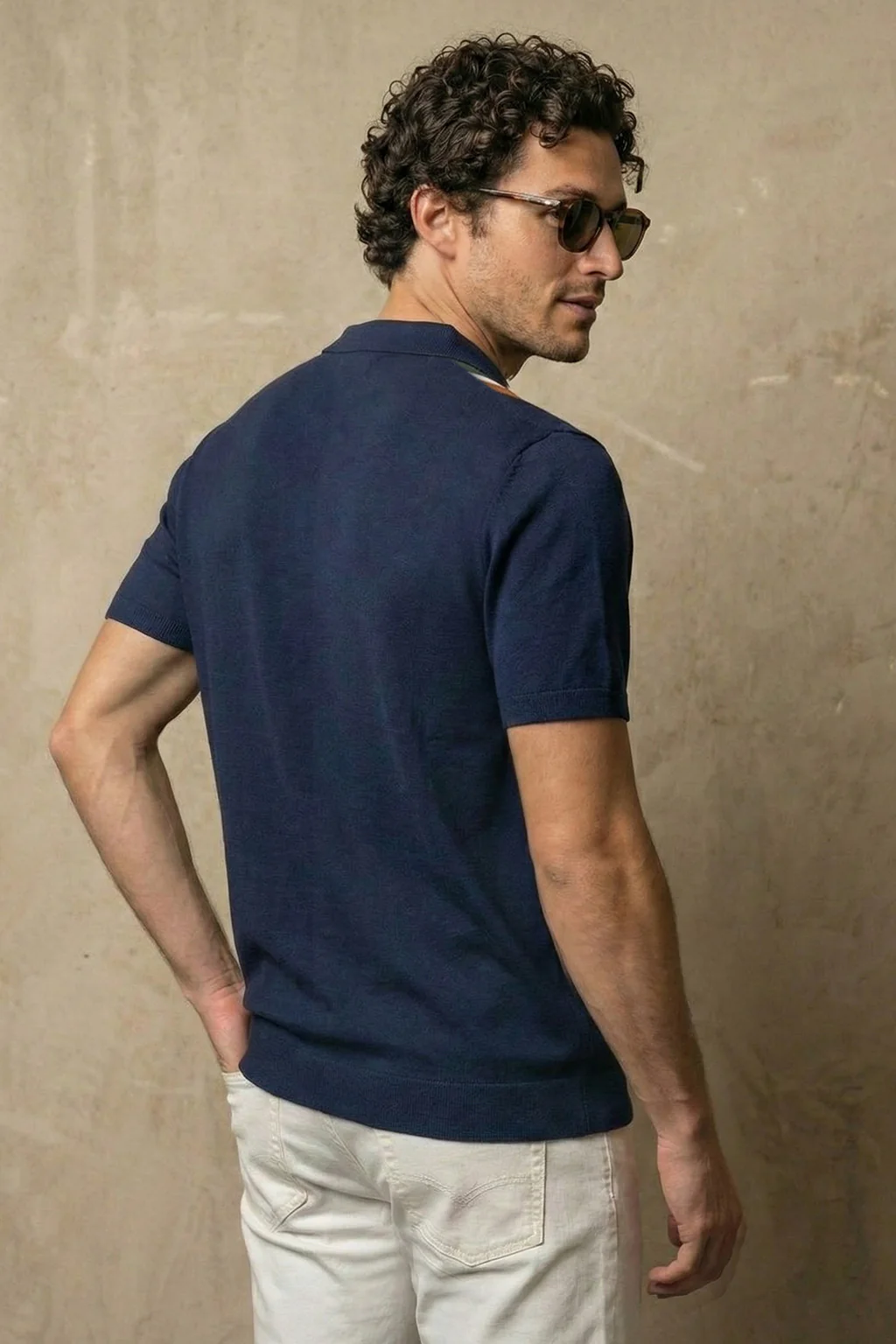 Navy Stripped Flatknit Textured Regular Fit Exclusive Polo T-Shirt - Image 3