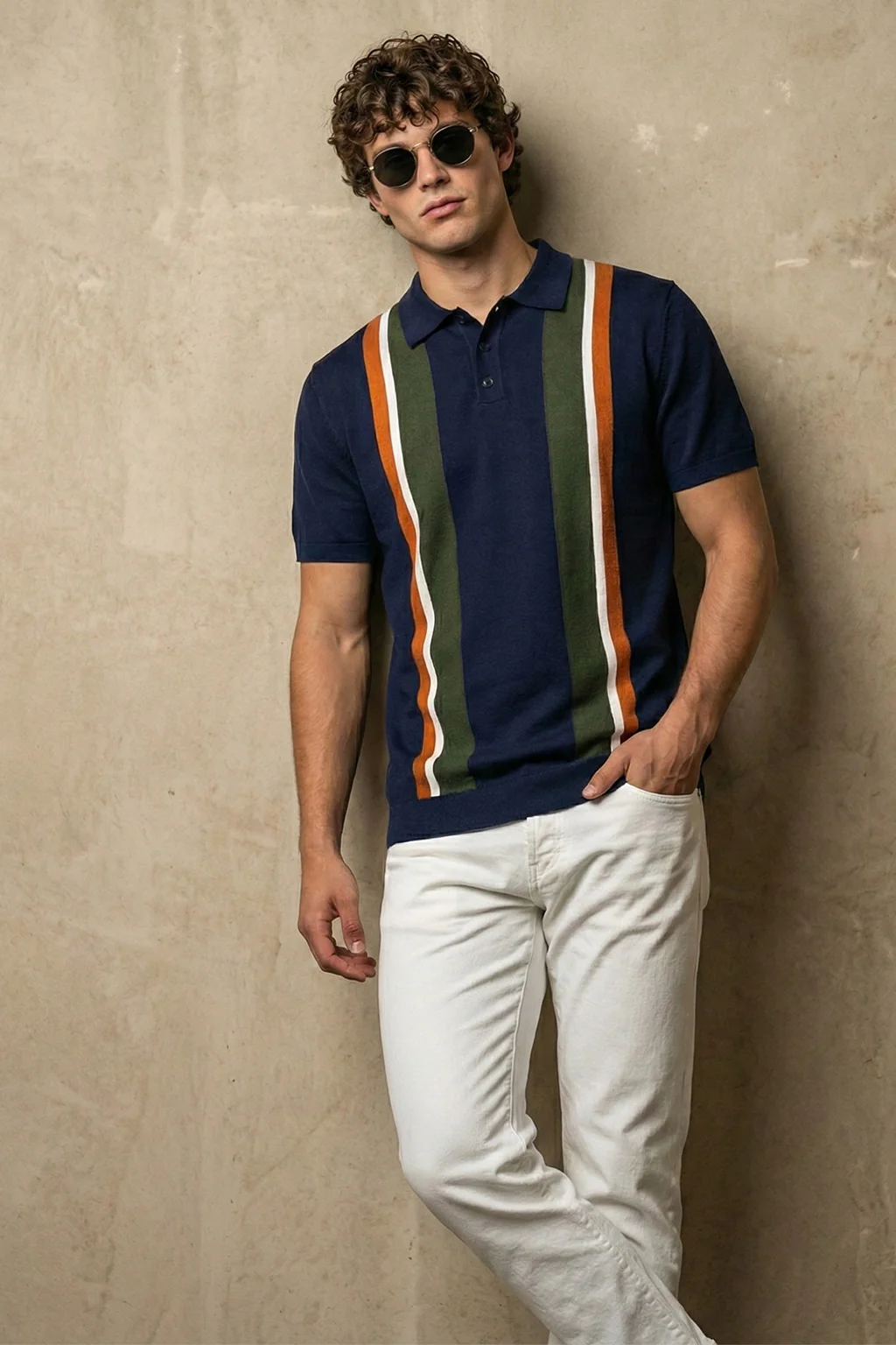 Navy Stripped Flatknit Textured Regular Fit Exclusive Polo T-Shirt - Image 4