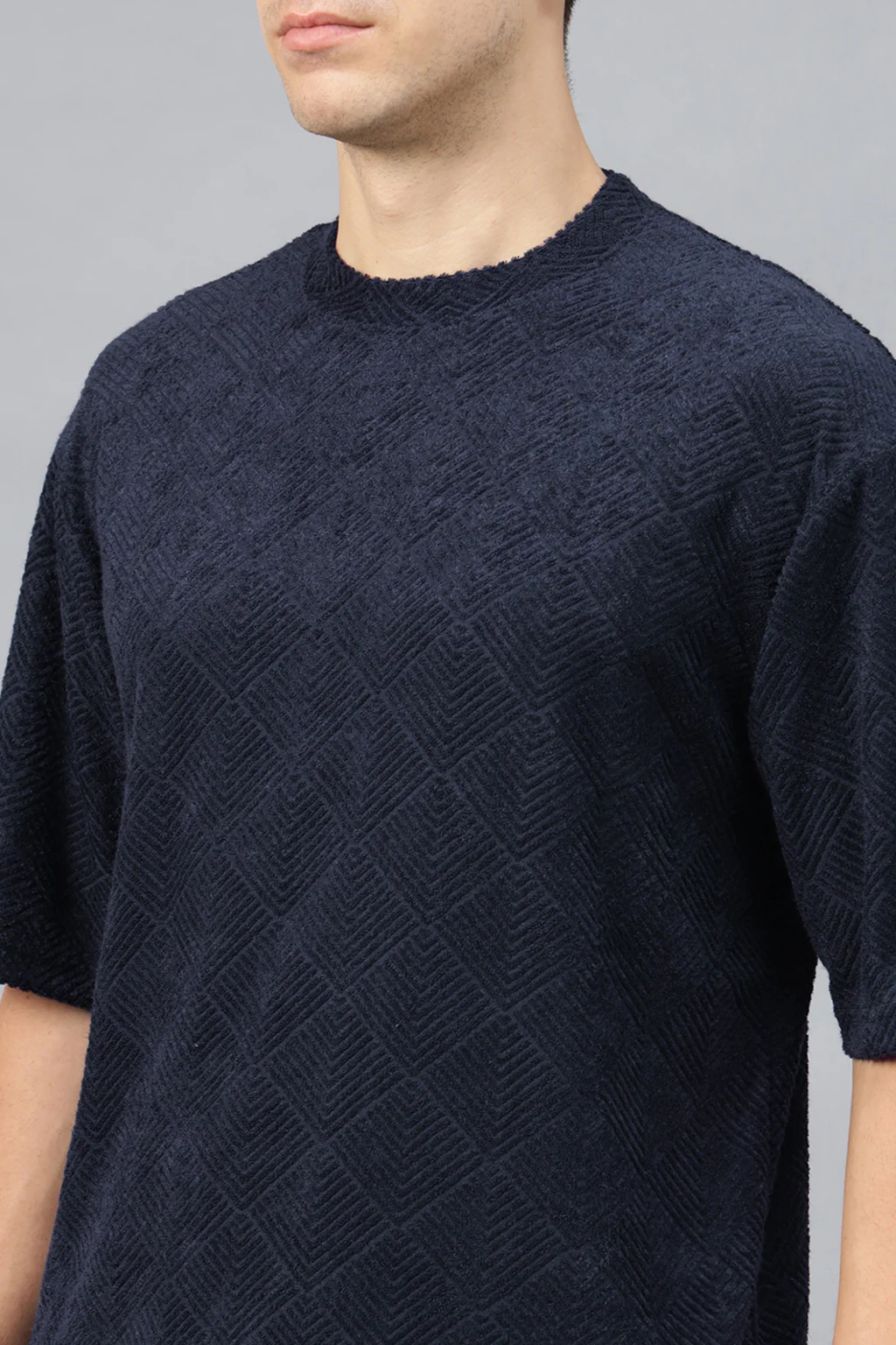 Navy Jacquard Plain Oversized Exclusive T-shirt - Image 6