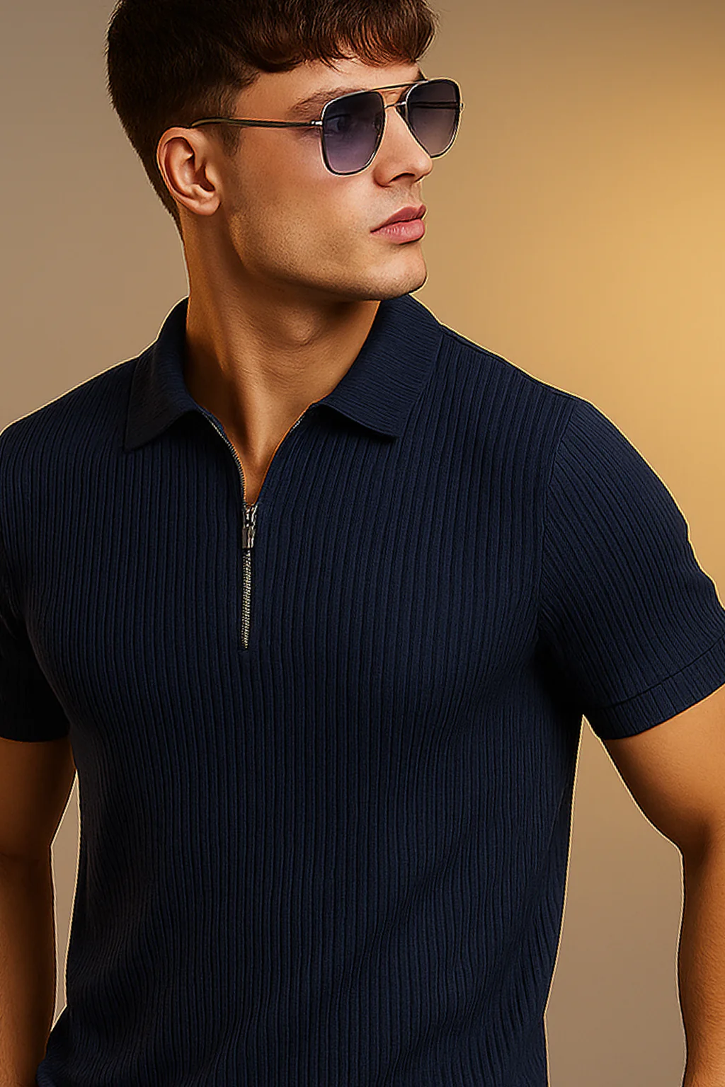 Navy Textured Plain Regular Fit Zipper Polo T-shirt - Image 2