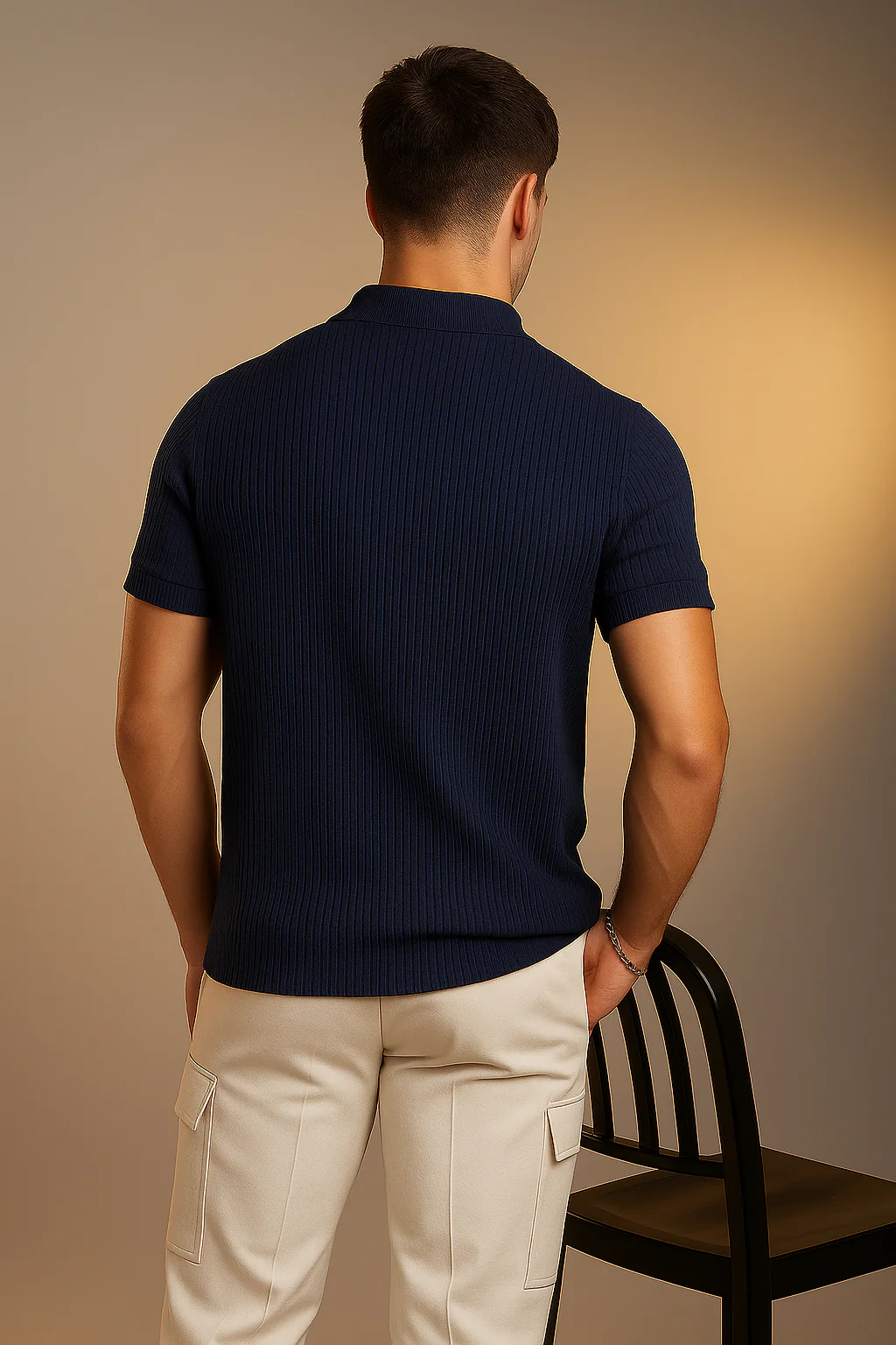 Navy Textured Plain Regular Fit Zipper Polo T-shirt - Image 3
