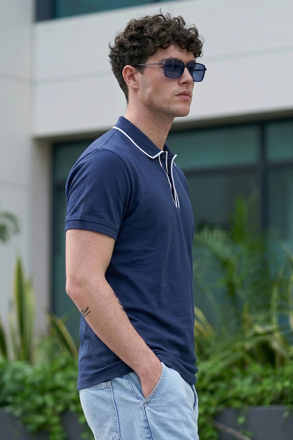 Navy Tipped Regular Fit Exclusive Pique Lycra Polo T-Shirt - Image 3