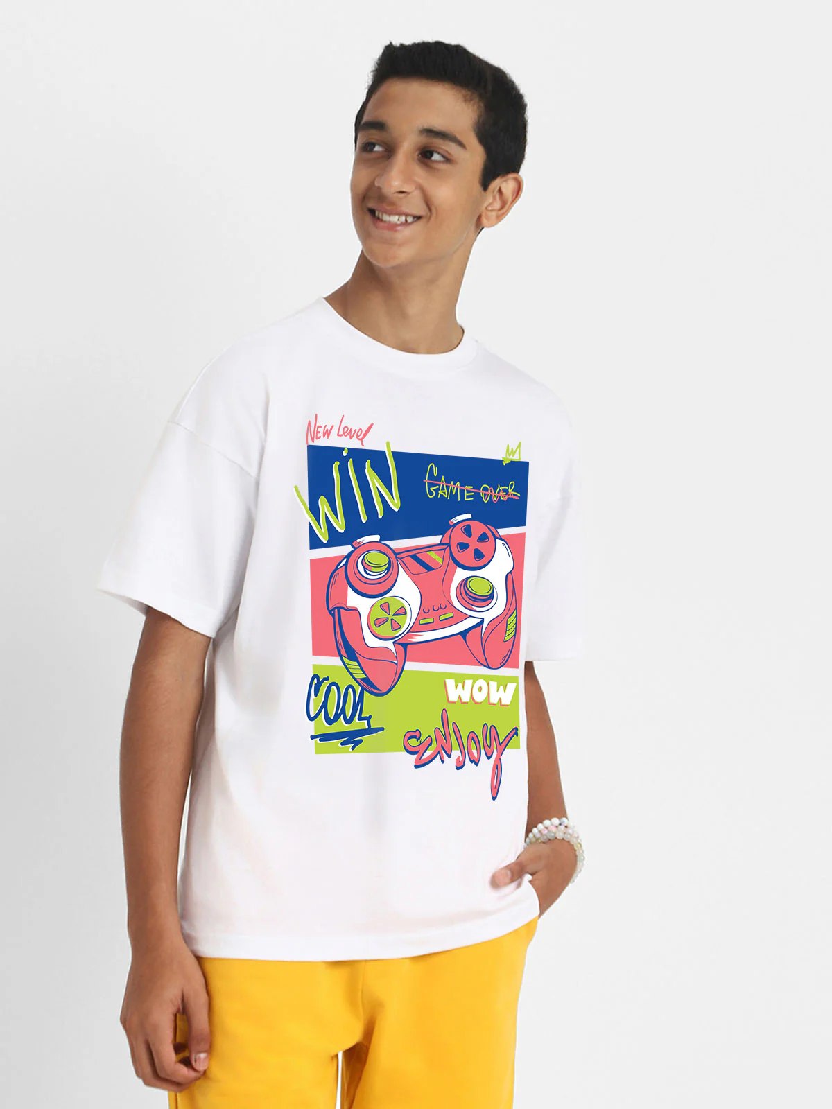New Level Win White Oversized Graphic Printed Boys T-shirt - Image 3