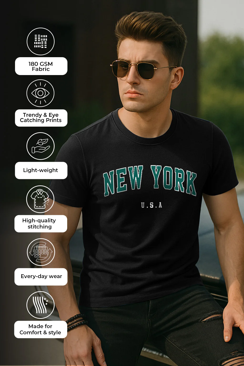 New York Black Regular Fit Printed T-shirt - Image 3