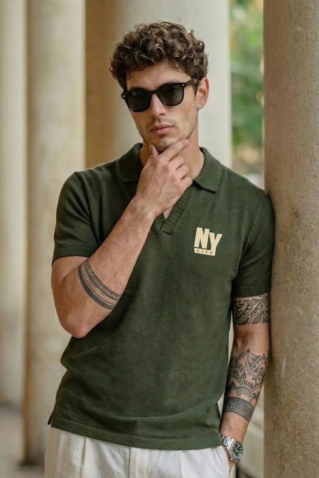 New York Olive Rib Collar Economic Regular Fit Pique Polo - Image 3