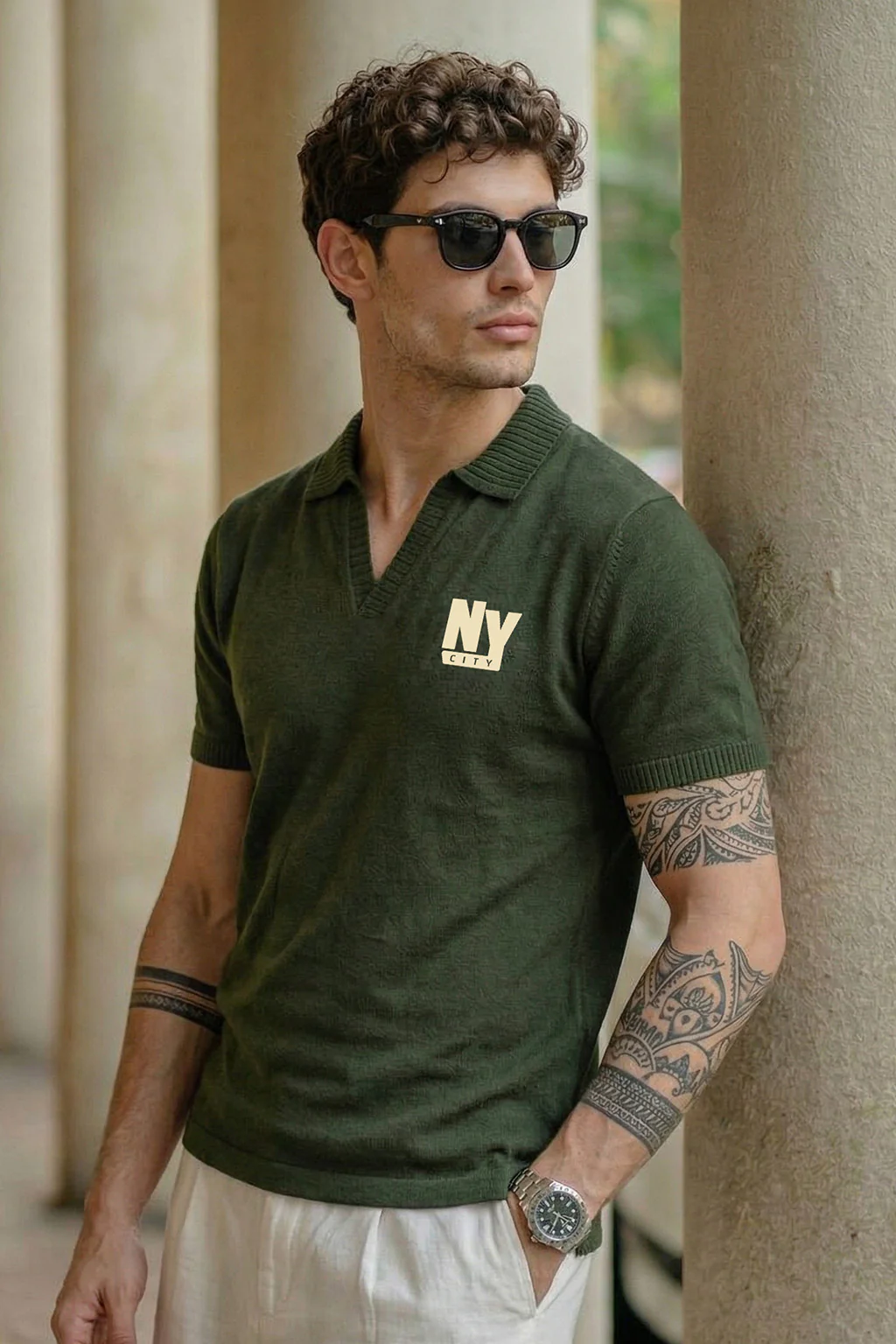 New York Olive Rib Collar Economic Regular Fit Pique Polo - Image 4