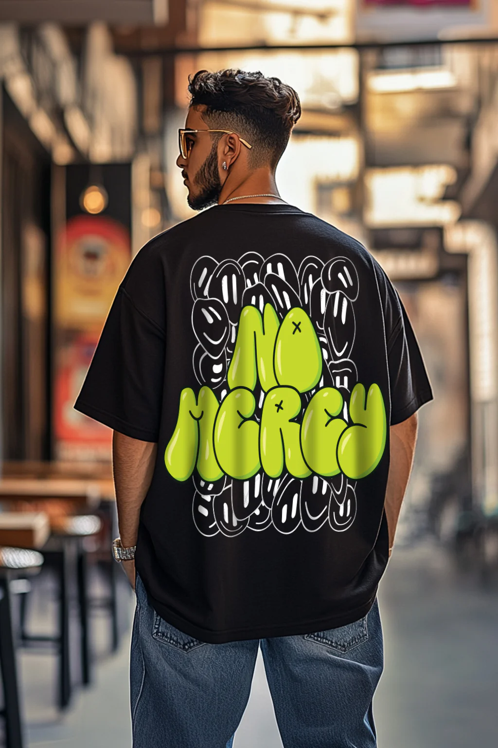 NO MERCY Black Back Oversized Typographic Printed T-shirt