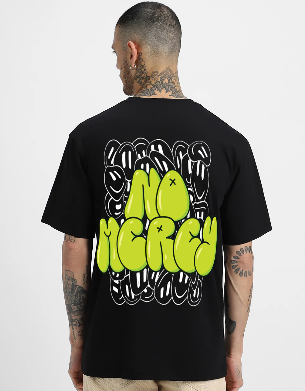 NO MERCY Black Back Oversized Typographic Printed T-shirt - Image 2
