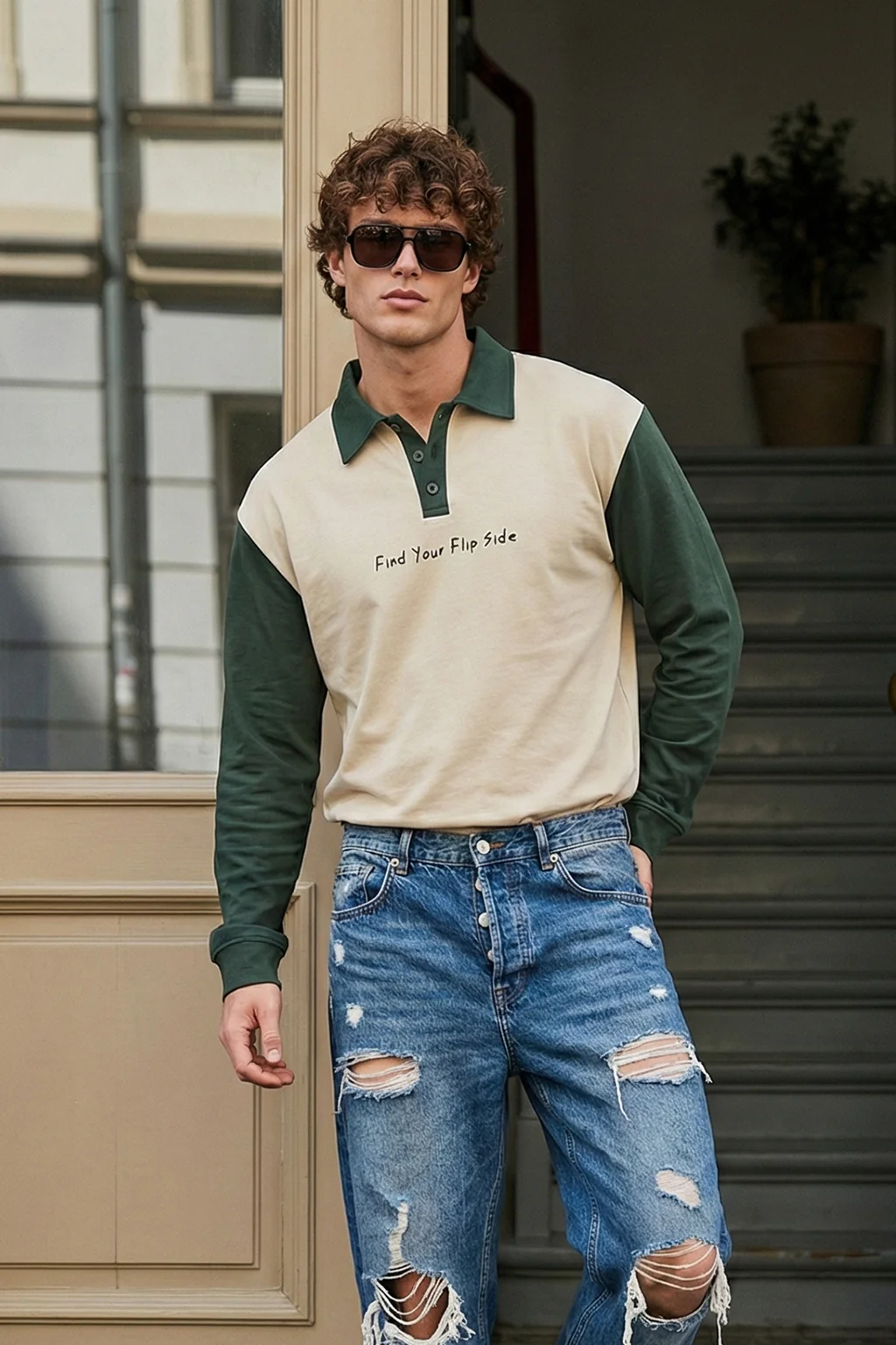 Normal Is Boring Beige & Olive Oversized Full Sleeve Exclusive Polo T-shirt - Image 2