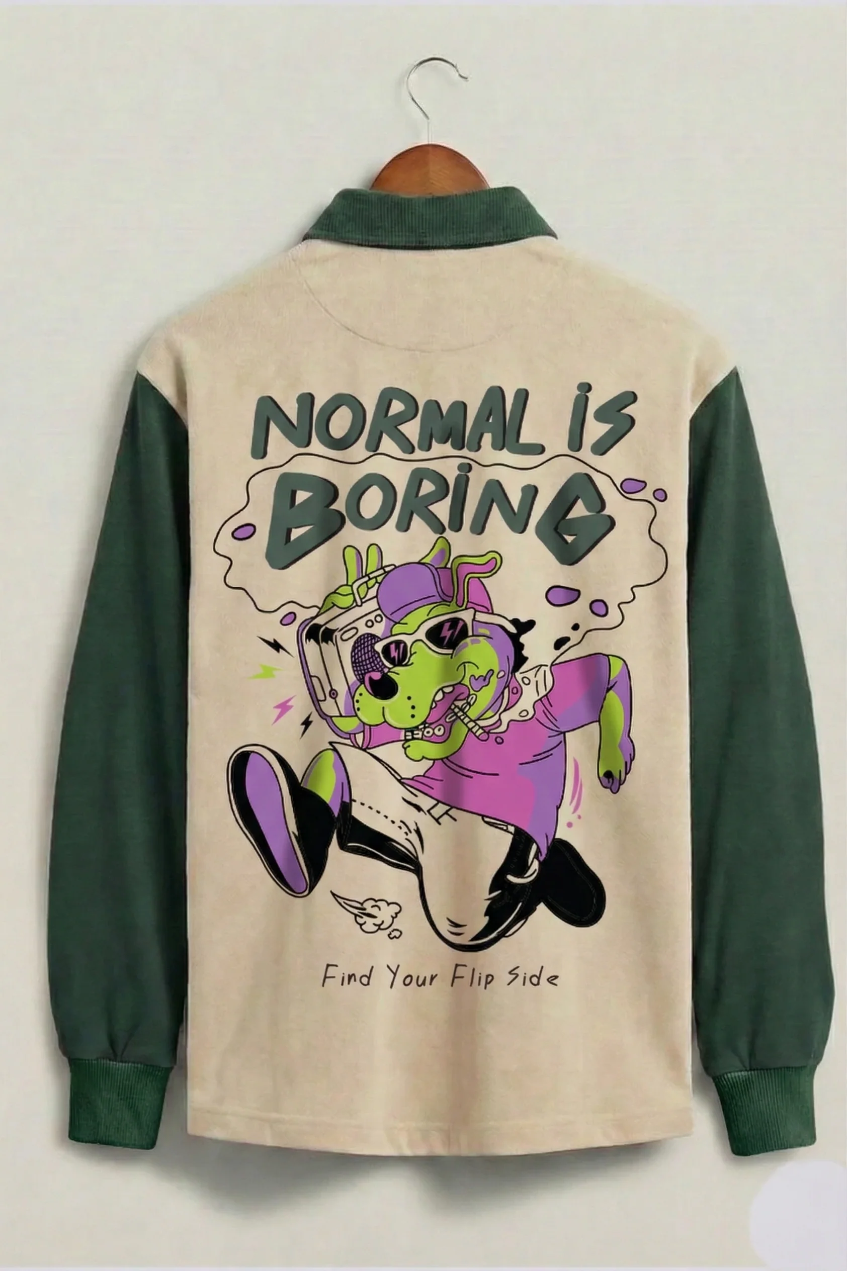 Normal Is Boring Beige & Olive Oversized Full Sleeve Exclusive Polo T-shirt - Image 3