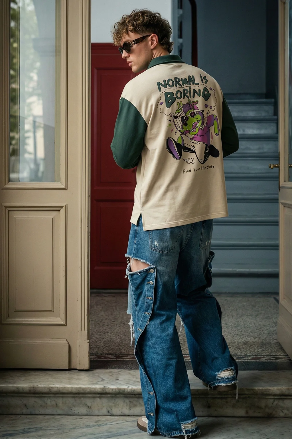 Normal Is Boring Beige & Olive Oversized Full Sleeve Exclusive Polo T-shirt - Image 6